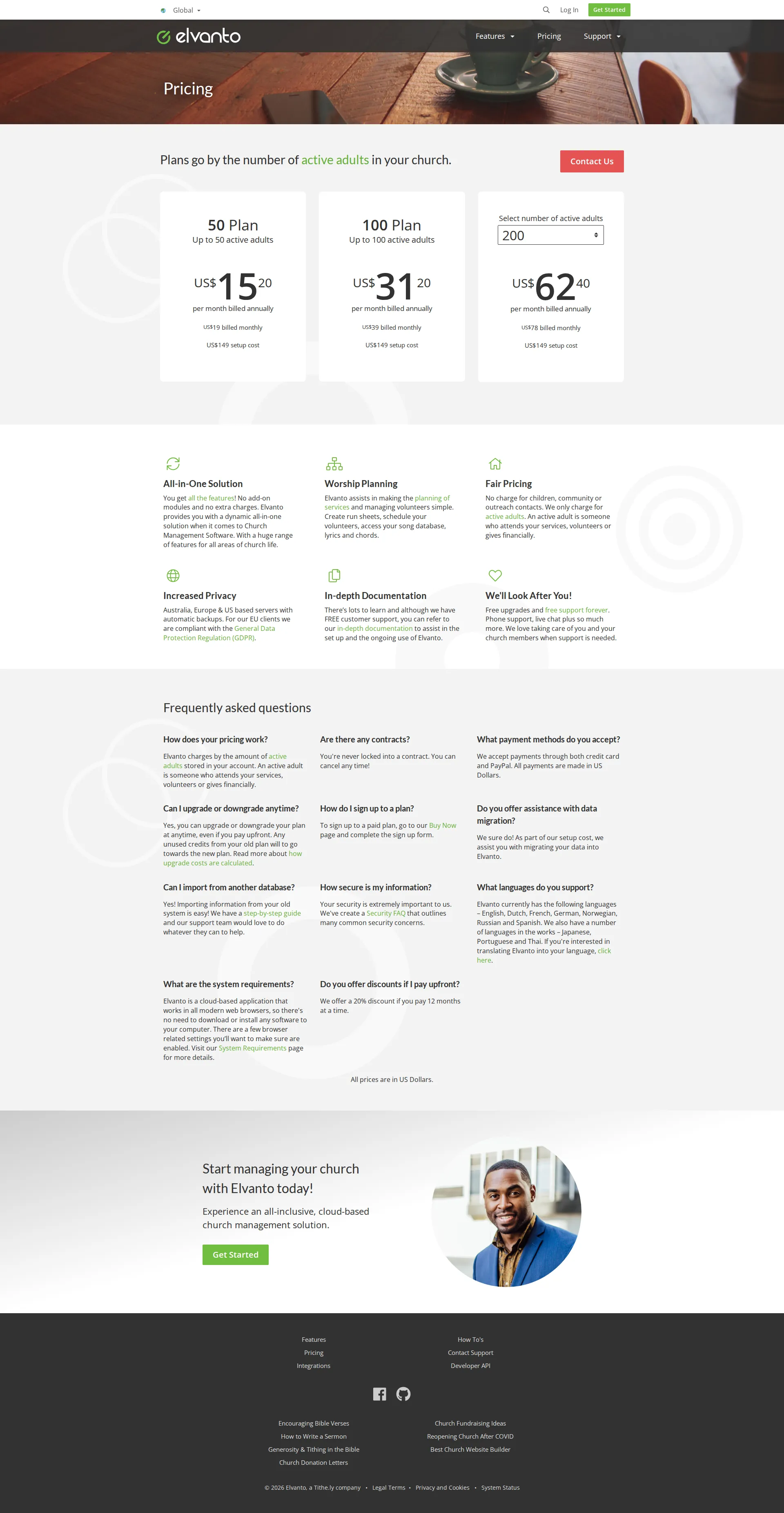 Elvanto pricing page screenshot