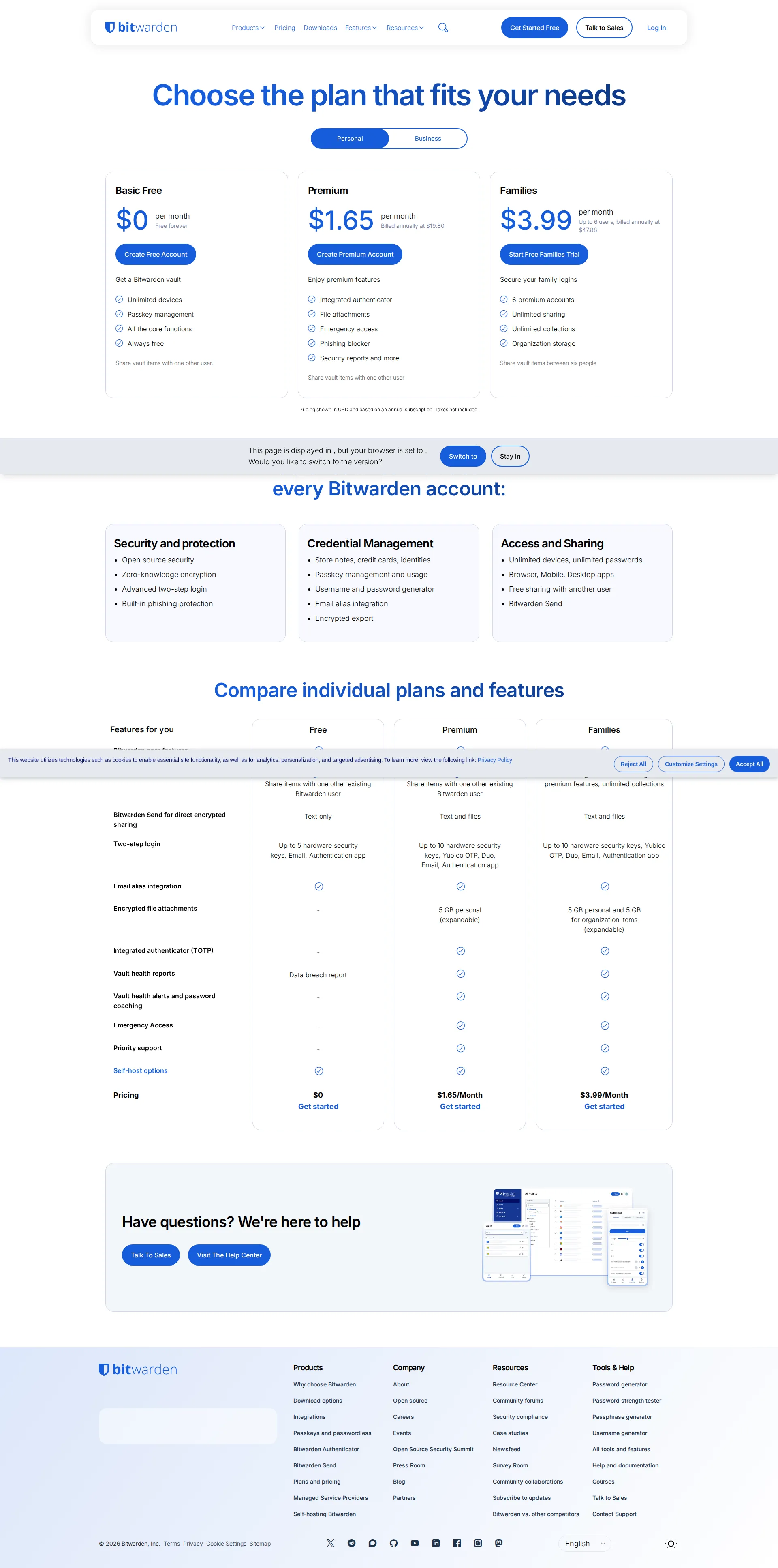 Bitwarden pricing page screenshot