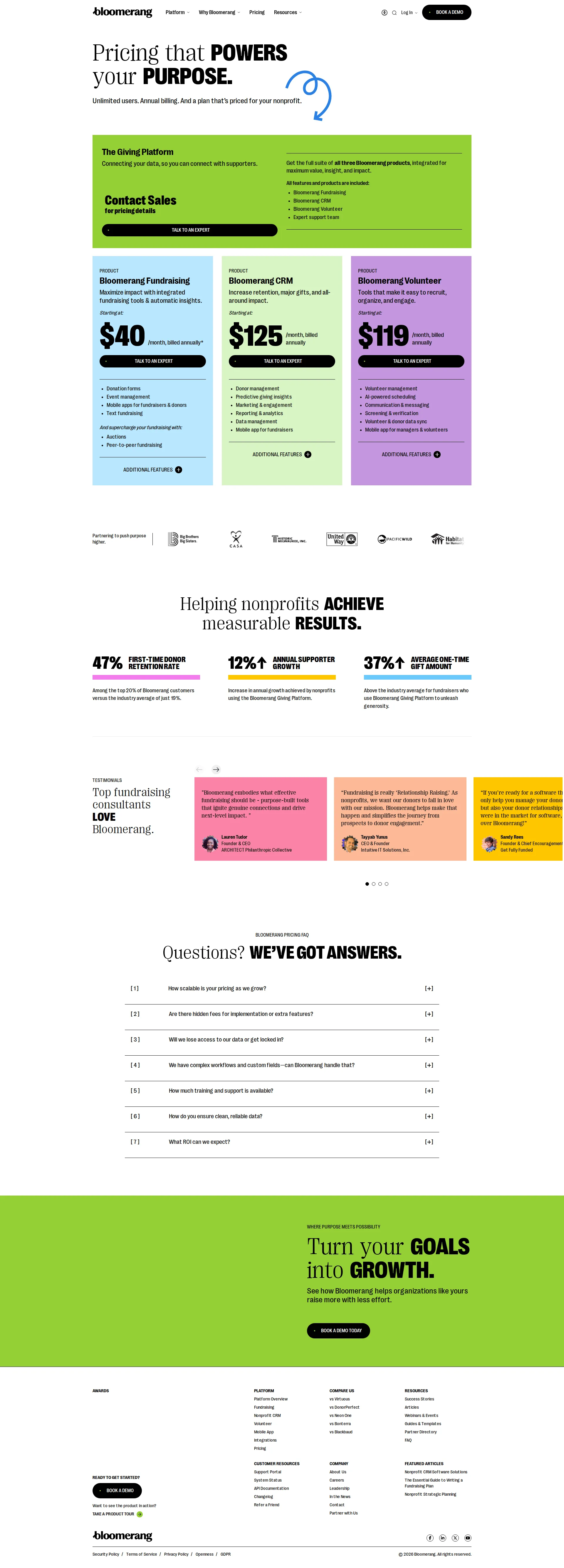 Bloomerang Nonprofit pricing page screenshot