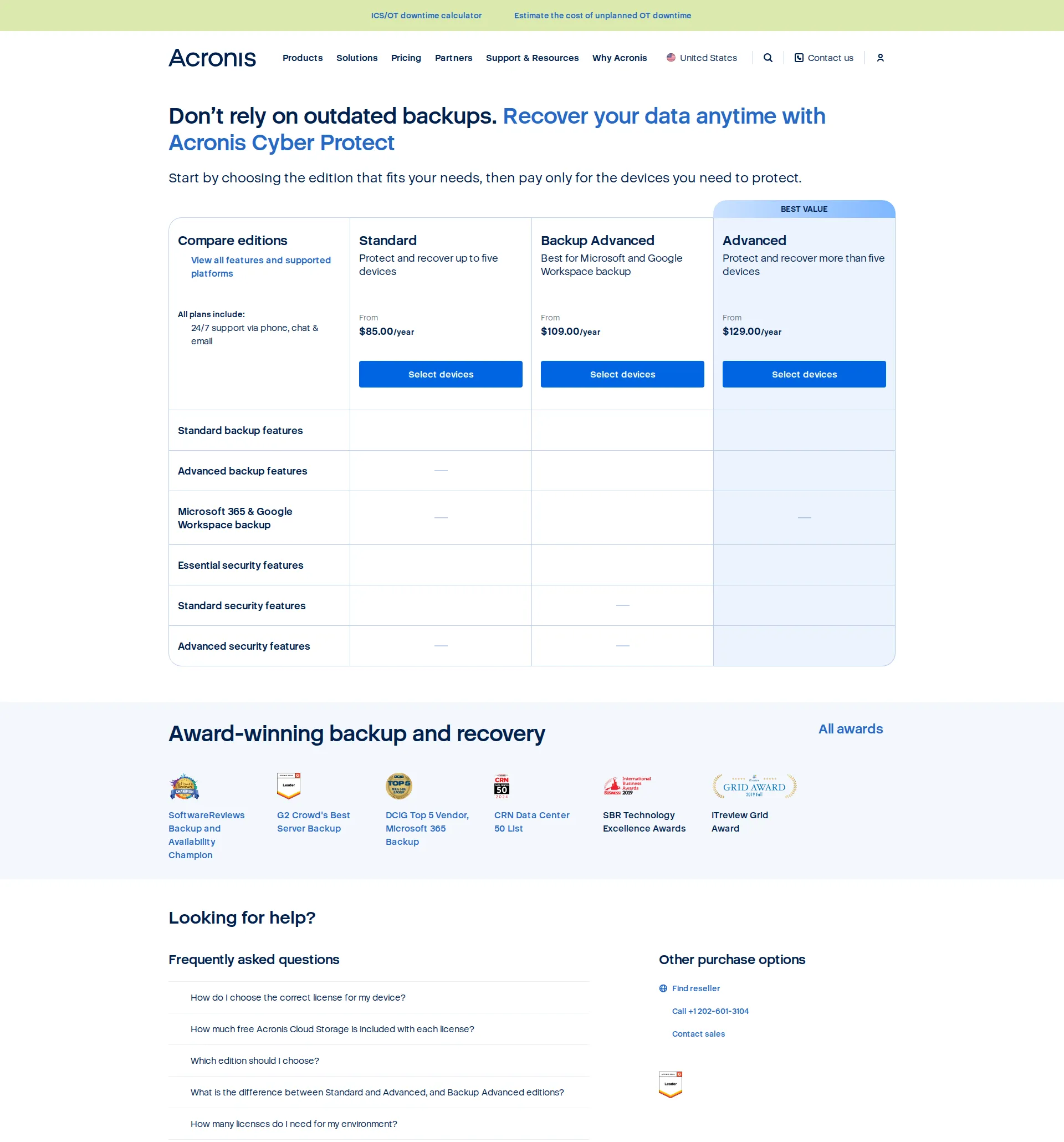 Acronis Cyber Protect Cloud pricing page screenshot