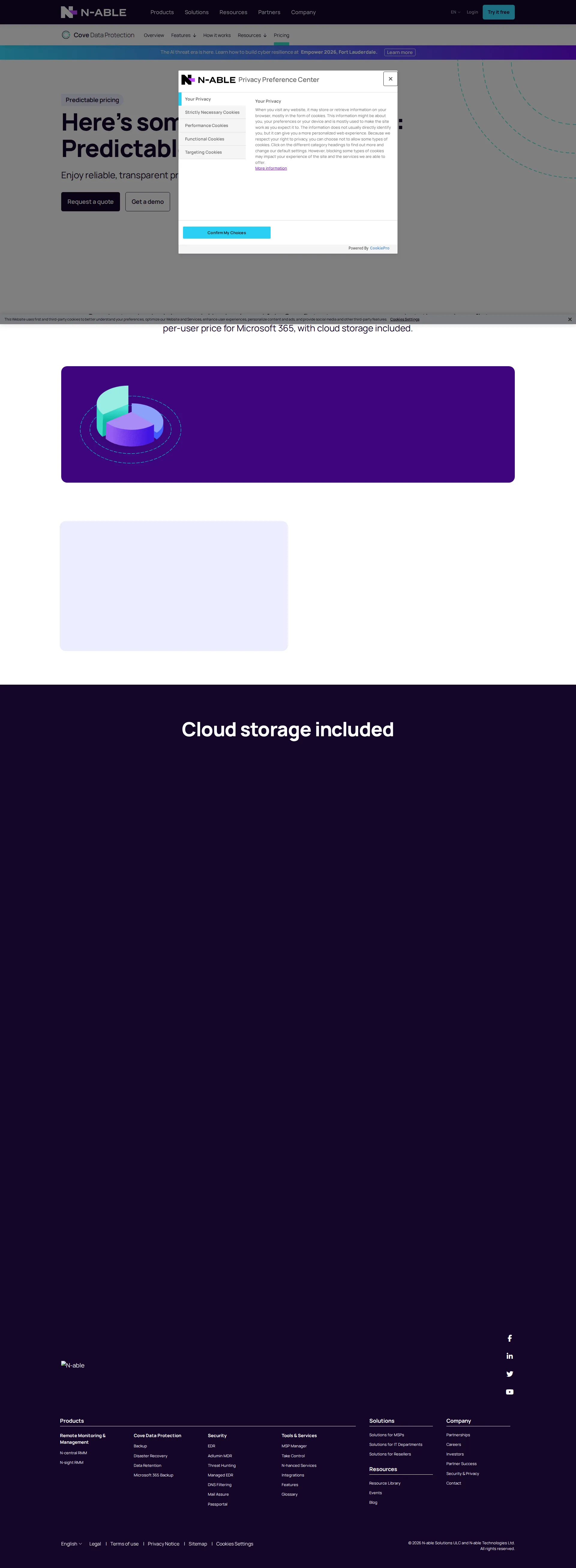 Cove Data Protection pricing page screenshot