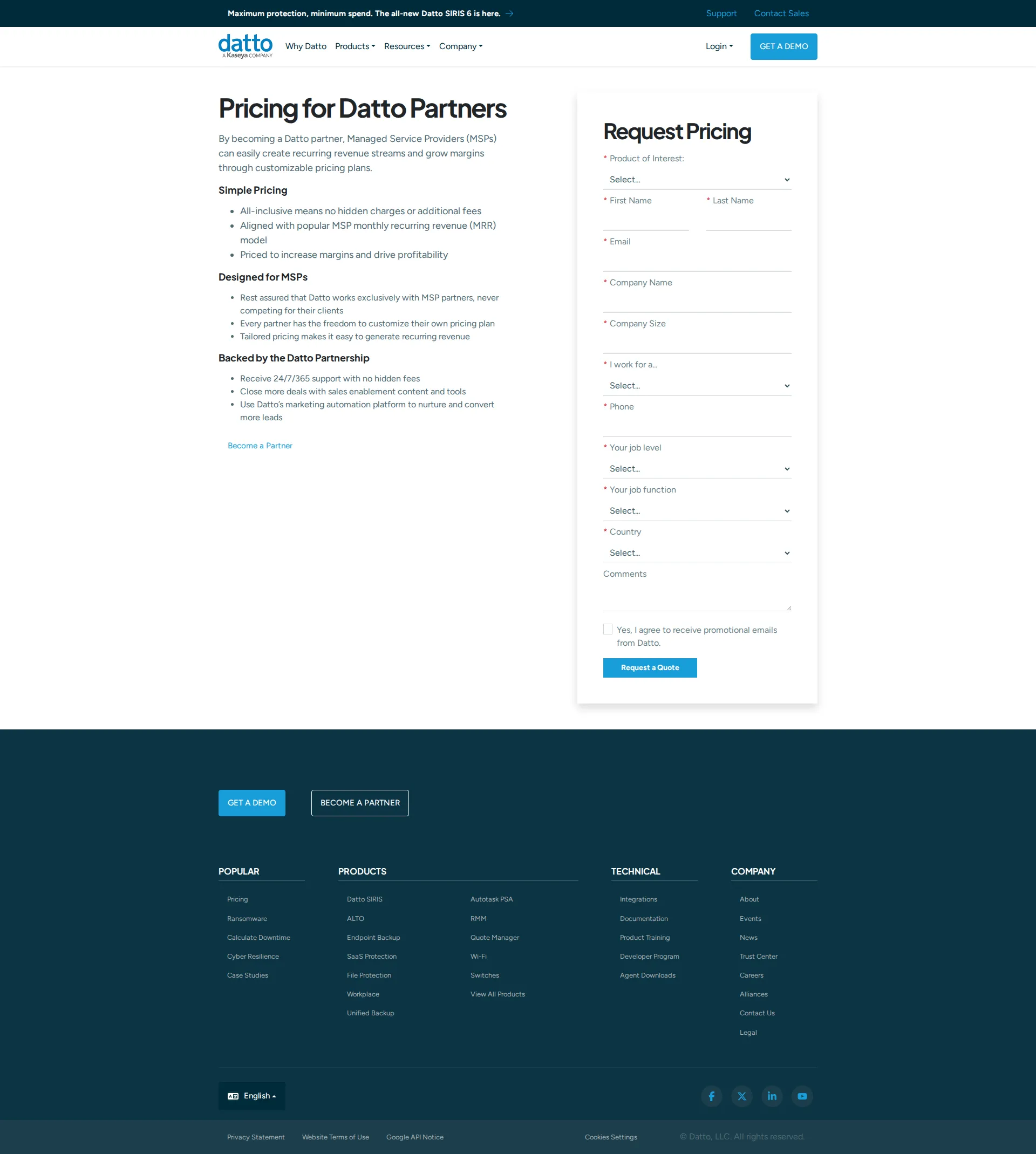 Datto BCDR pricing page screenshot