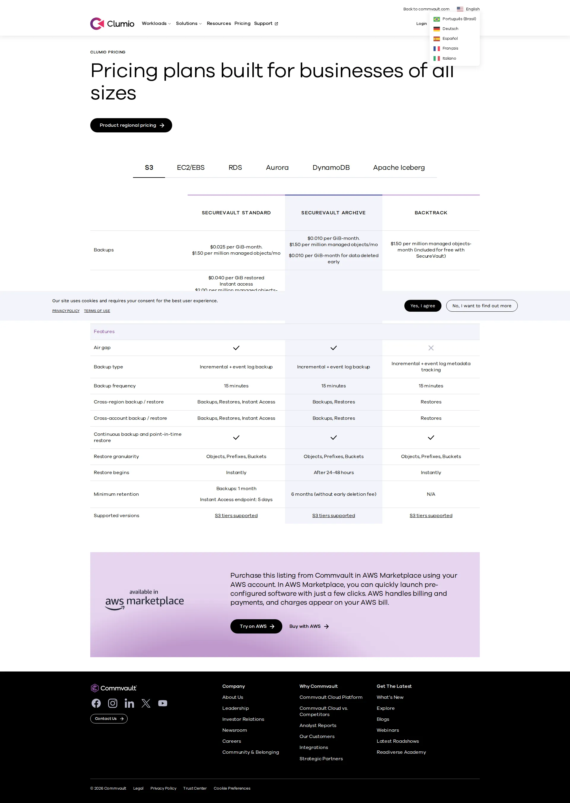 Clumio pricing page screenshot