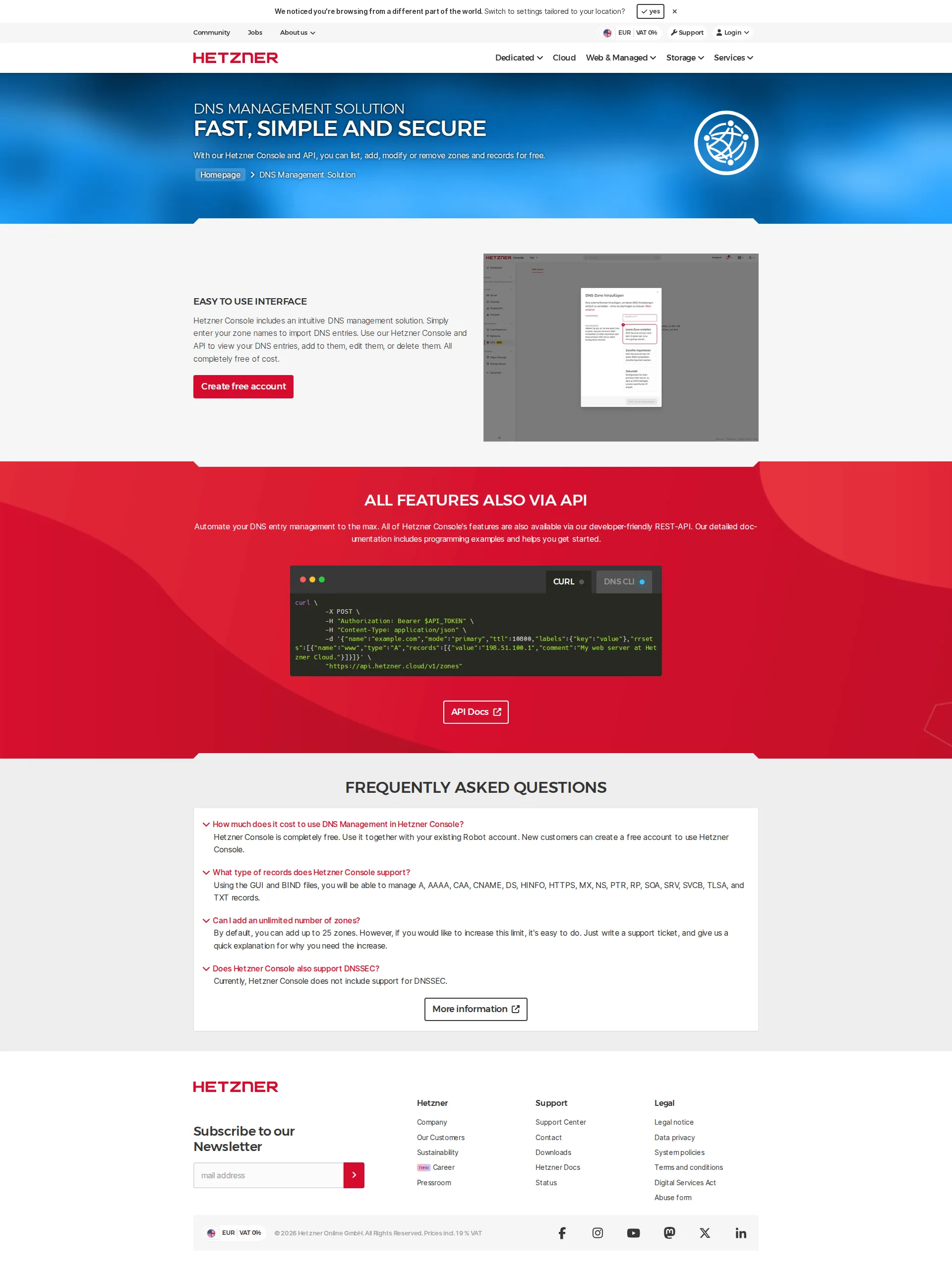 Hetzner DNS pricing page screenshot