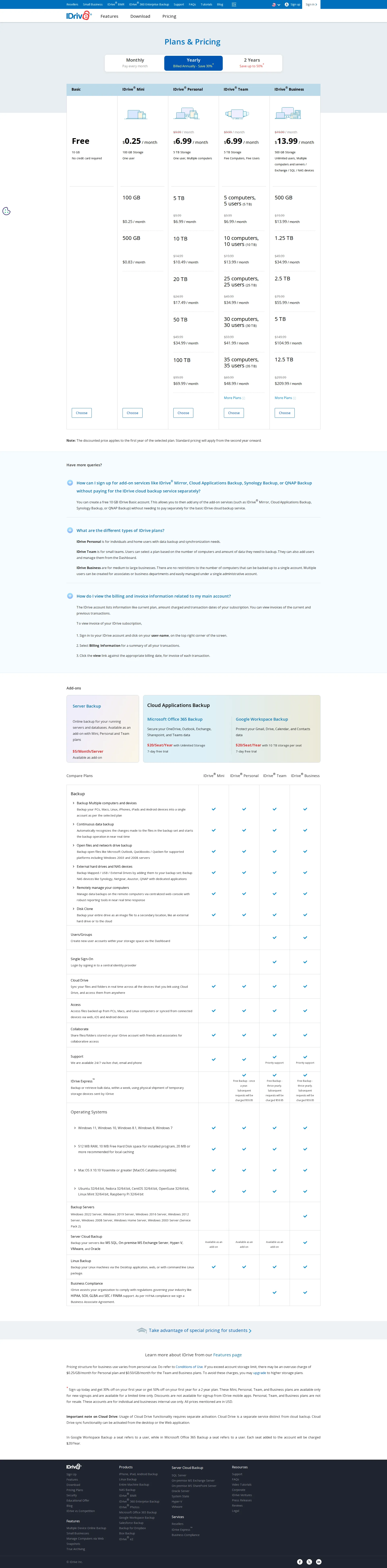 IDrive Cloud pricing page screenshot