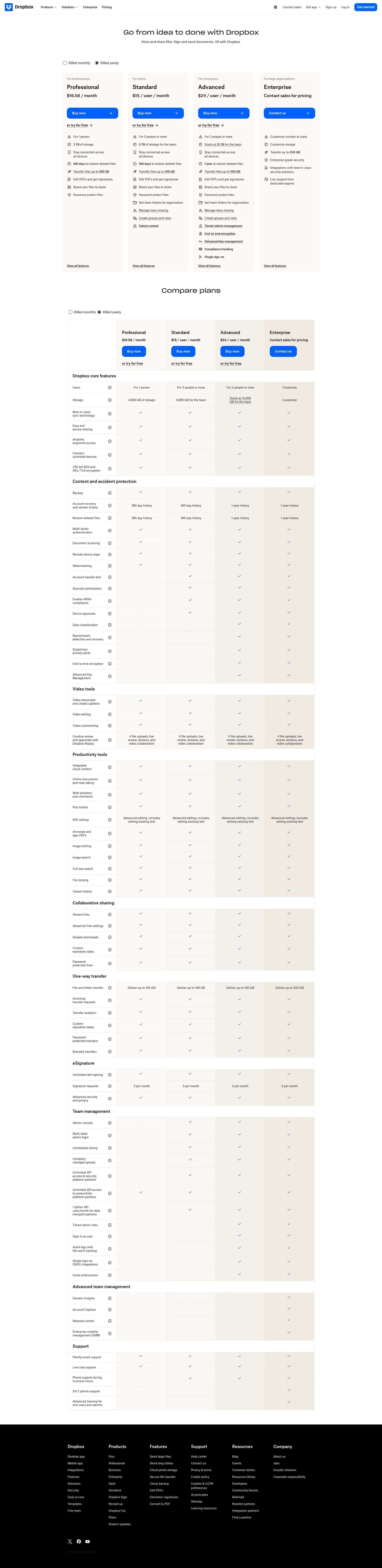 Dropbox Business pricing page screenshot