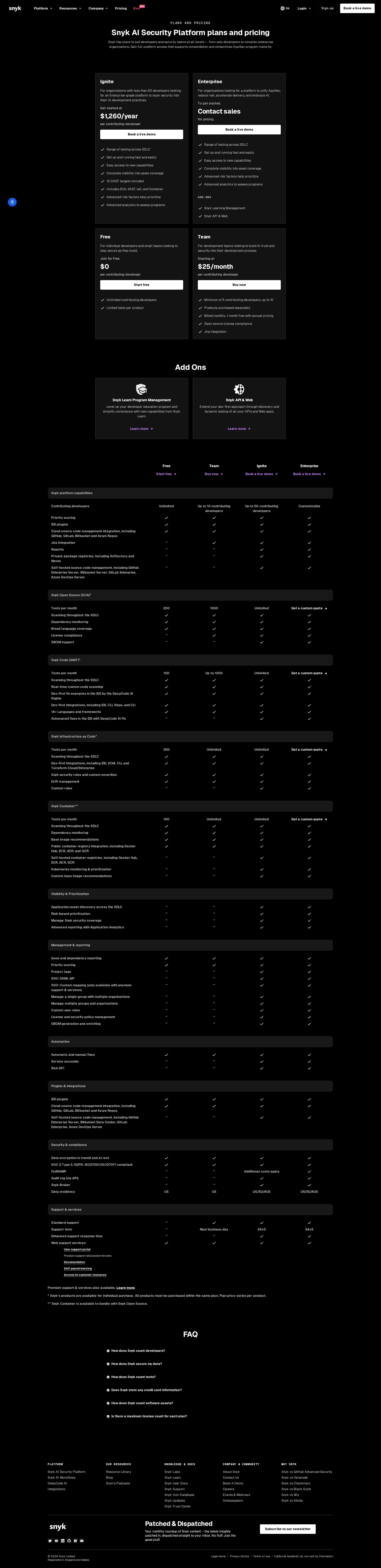 Snyk pricing page screenshot