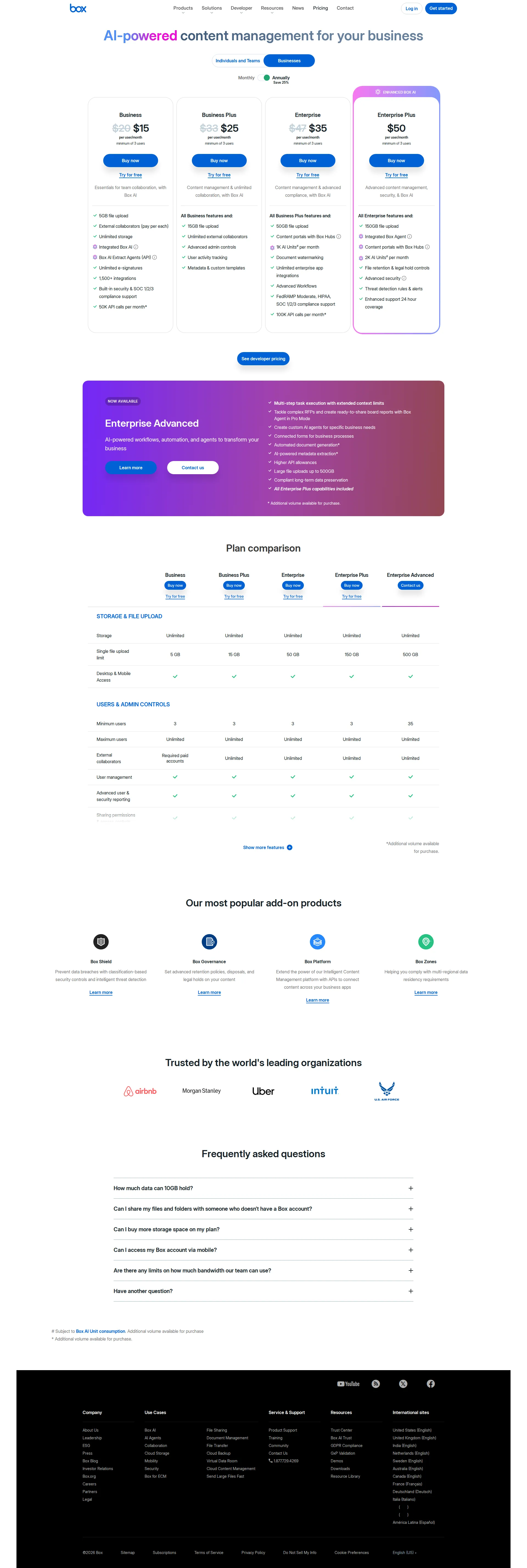 Box Enterprise pricing page screenshot