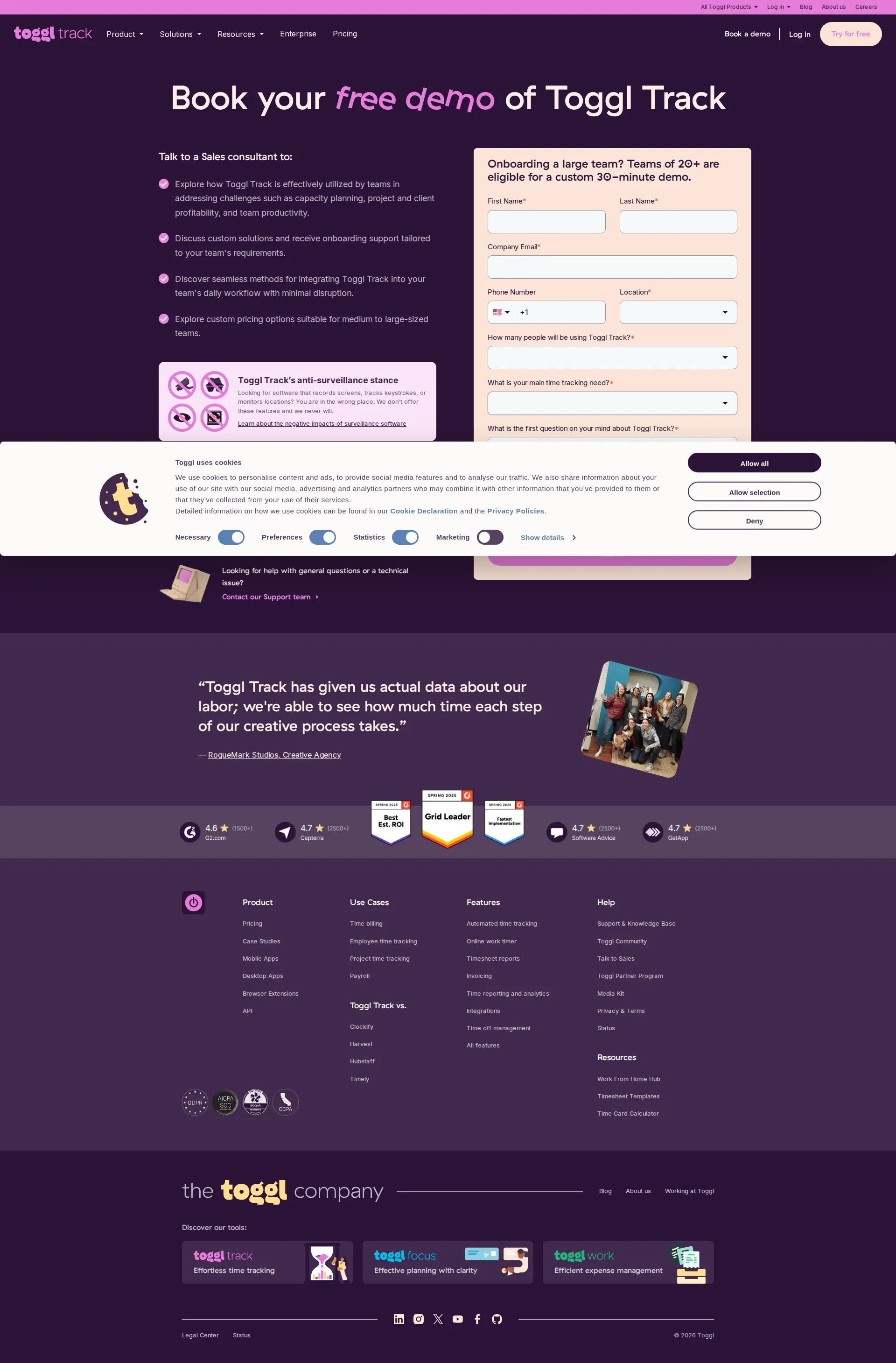 Toggl Track Pro pricing page screenshot