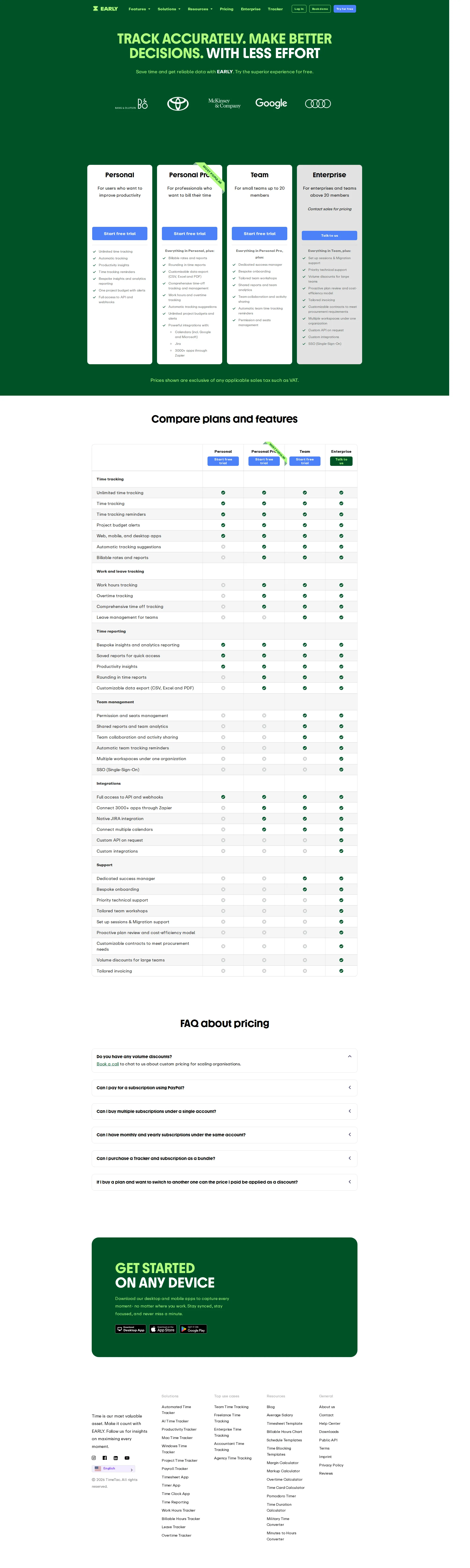 Timeular pricing page screenshot