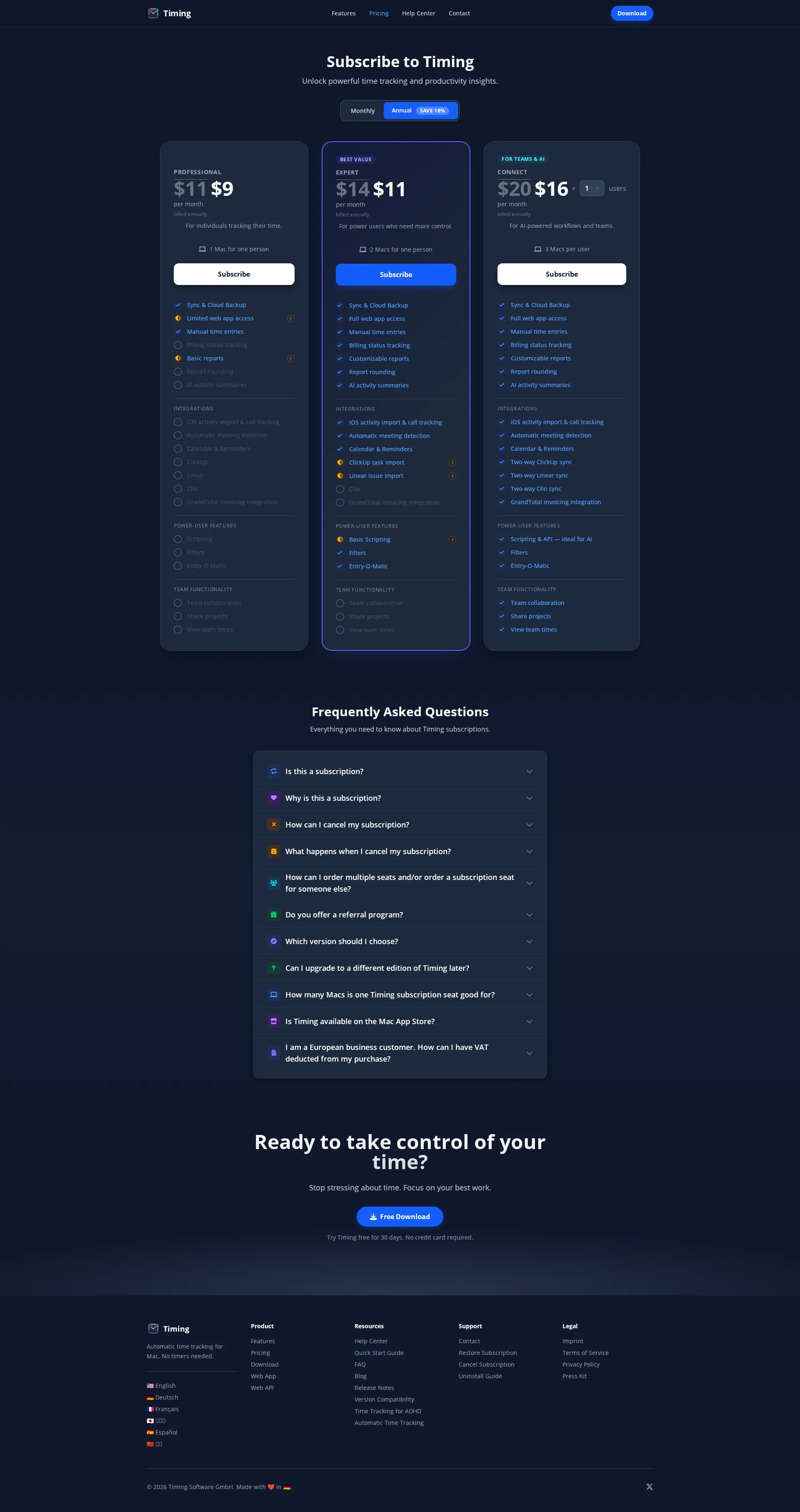 Timing App pricing page screenshot