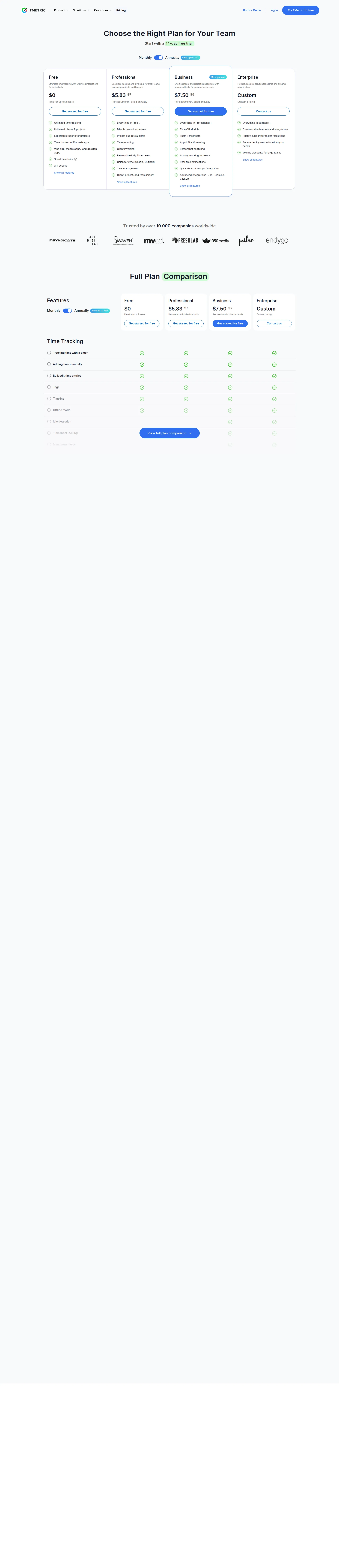 Tmetric Pro pricing page screenshot
