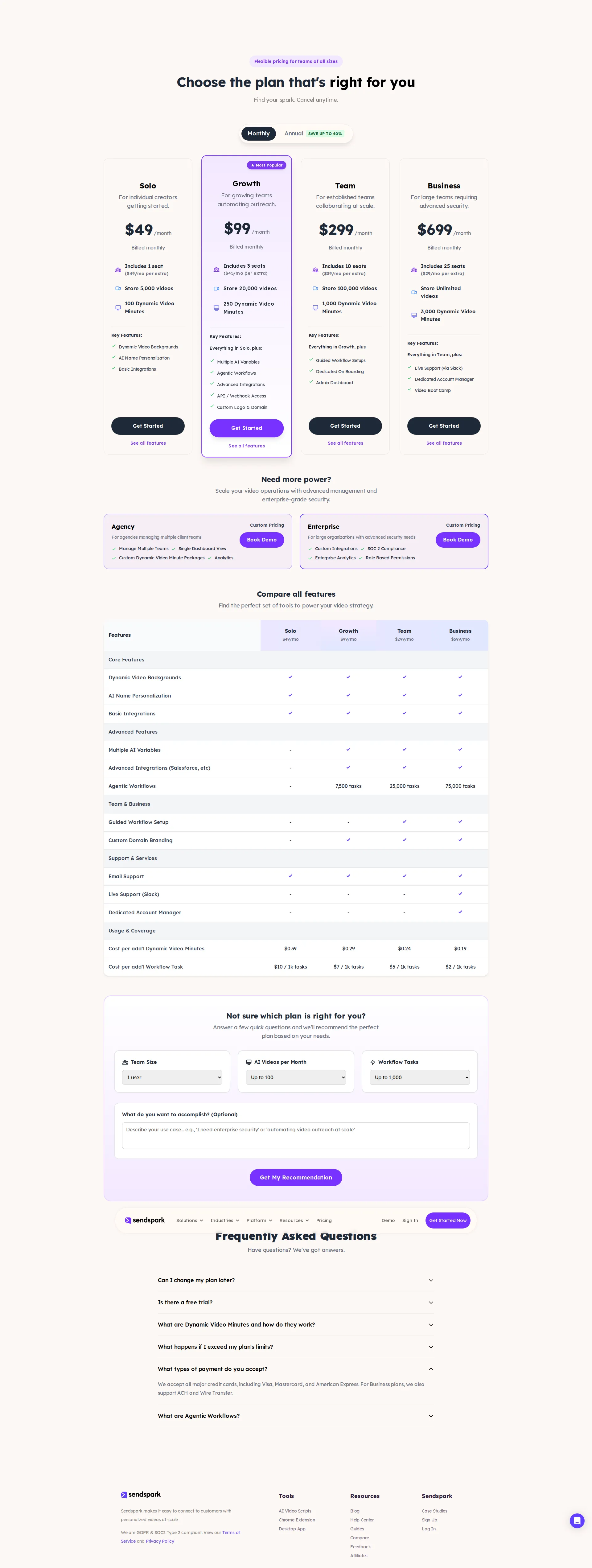 Sendspark pricing page screenshot