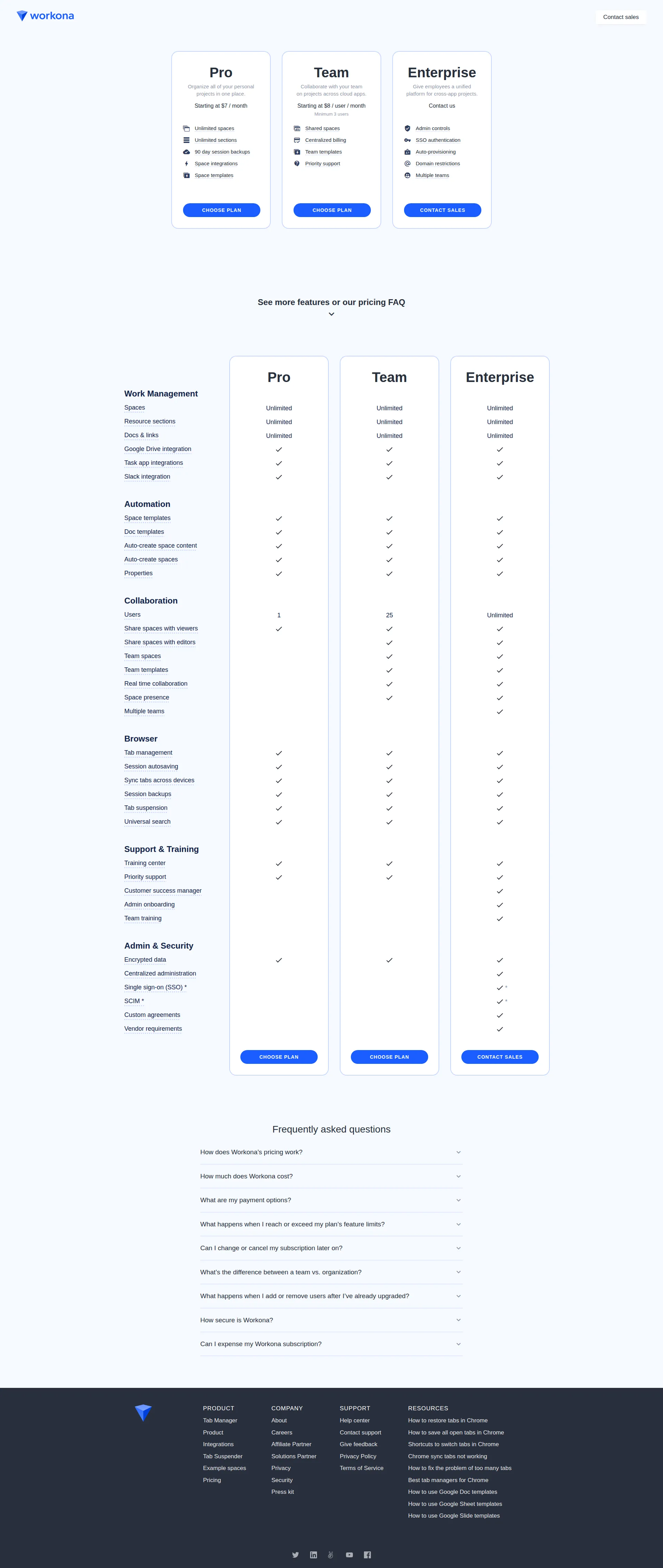 Workona pricing page screenshot