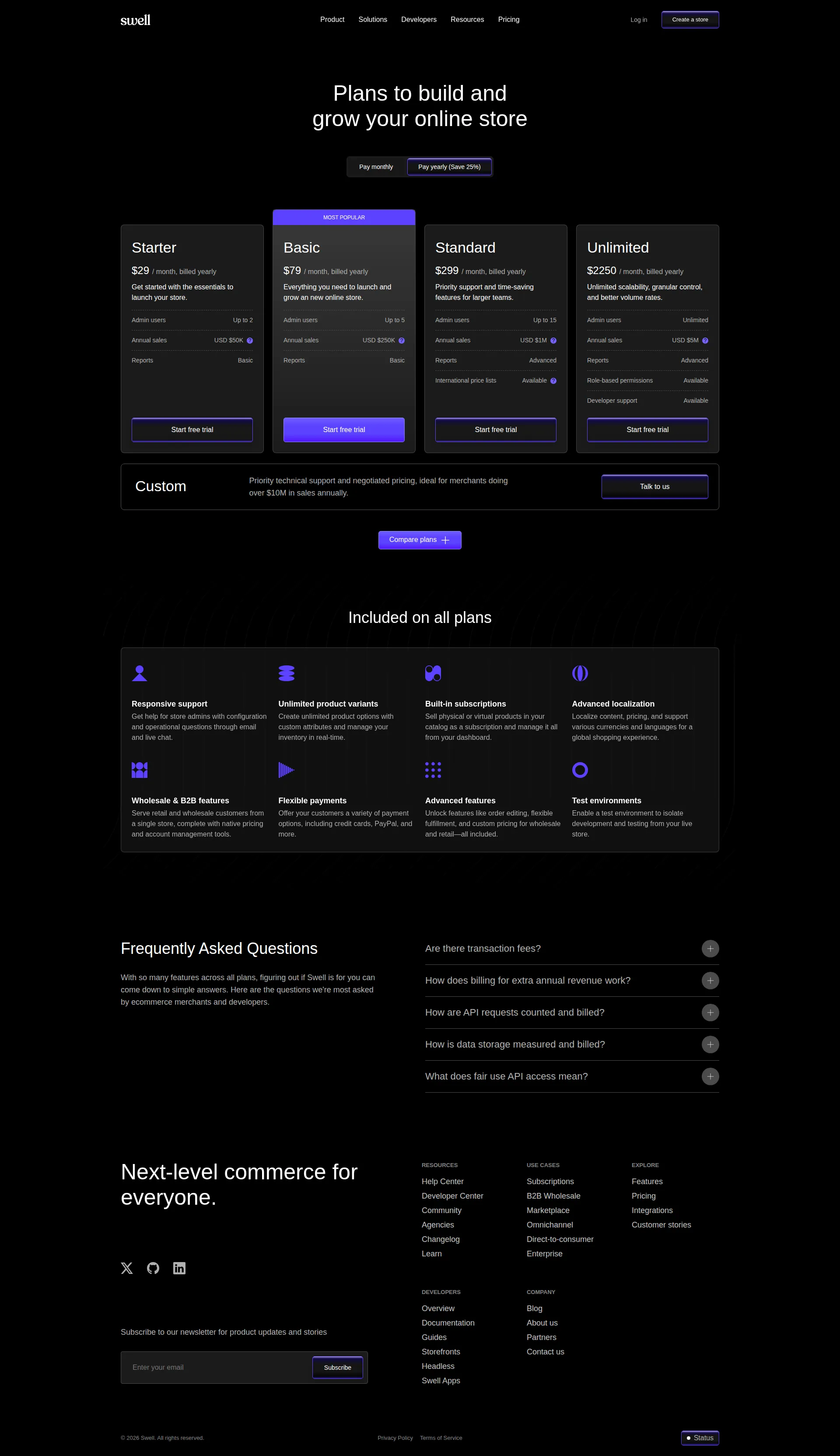 Swell pricing page screenshot