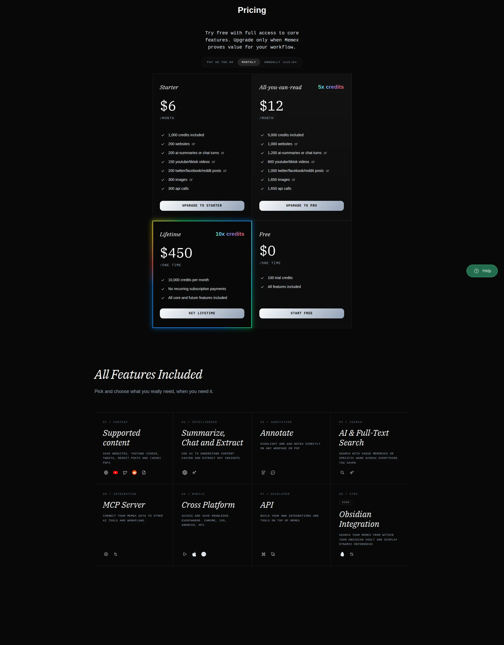 Memex pricing page screenshot