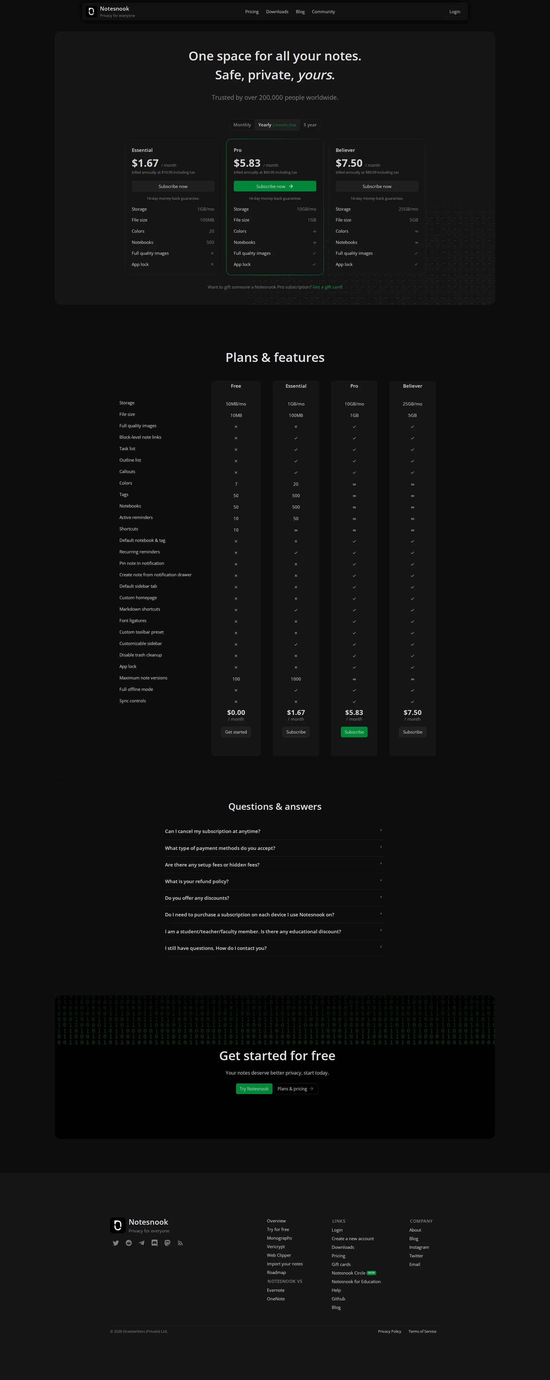 Notesnook Pro pricing page screenshot