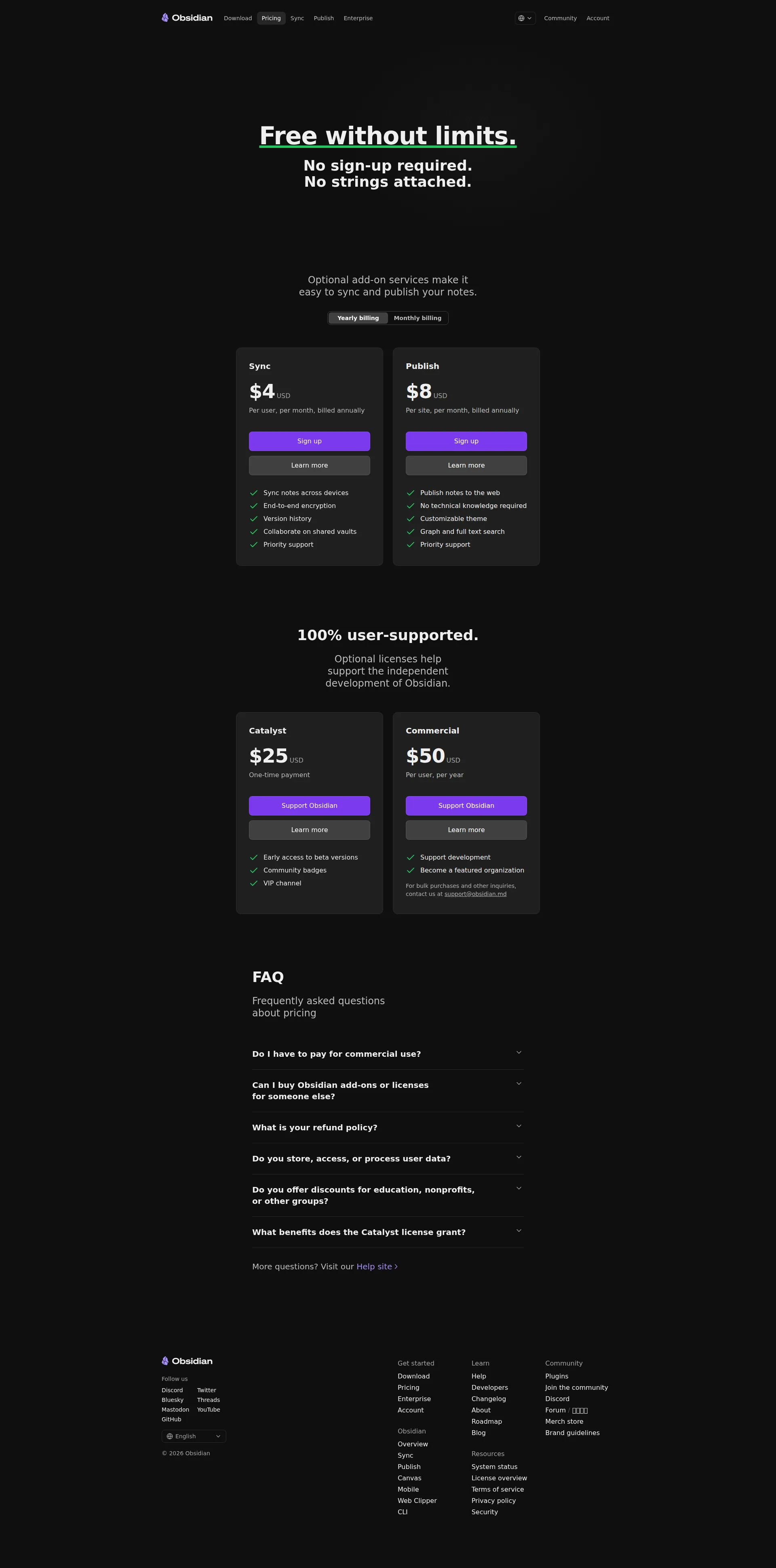 Obsidian Sync pricing page screenshot