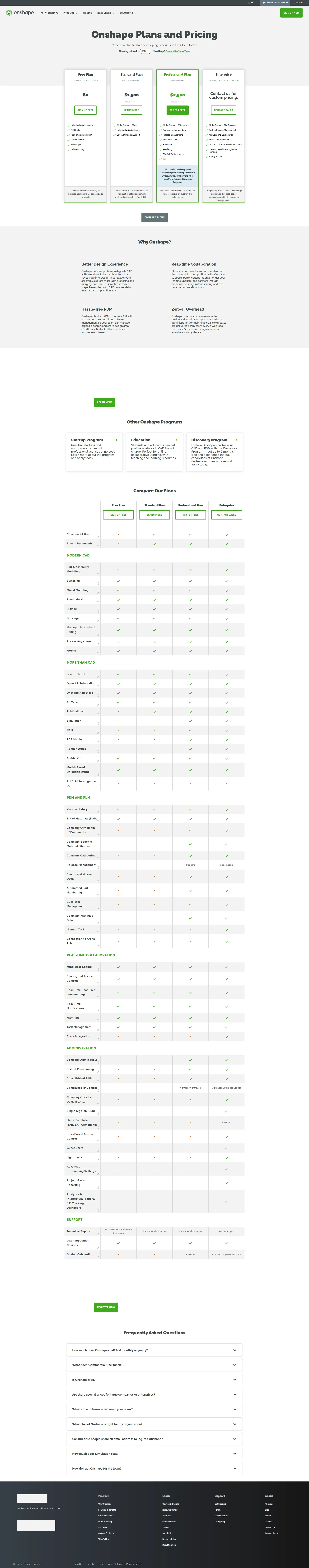 Onshape Pro pricing page screenshot