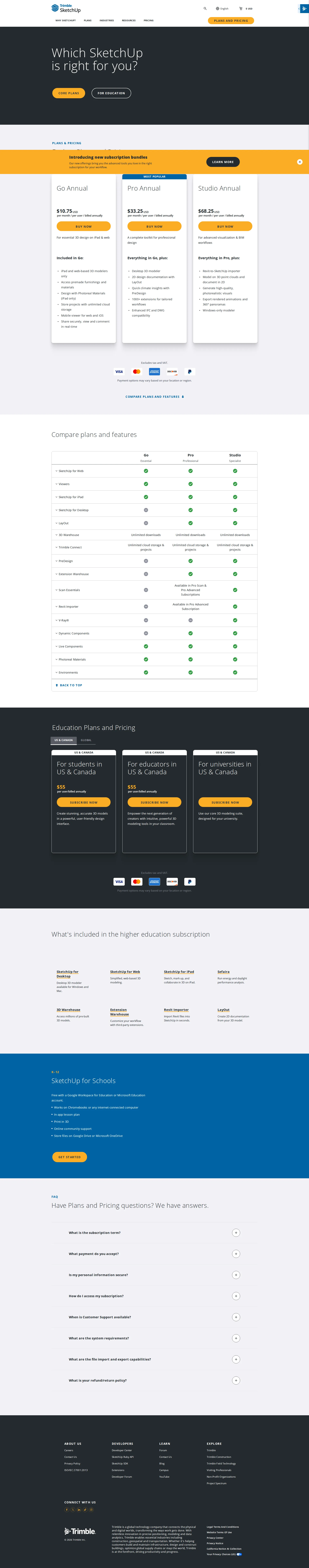 SketchUp Pro pricing page screenshot