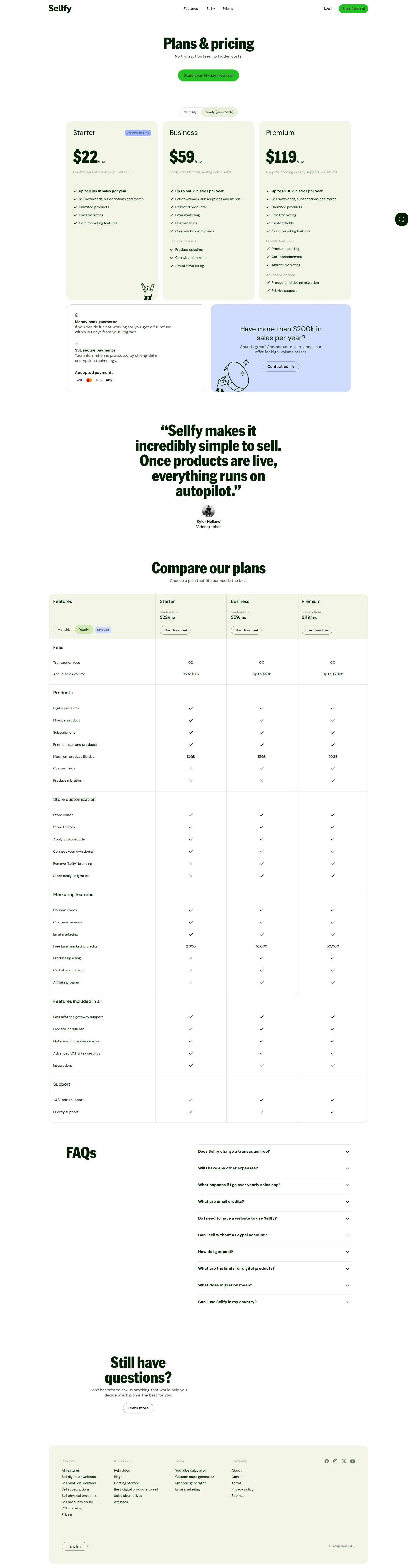 Sellfy pricing page screenshot