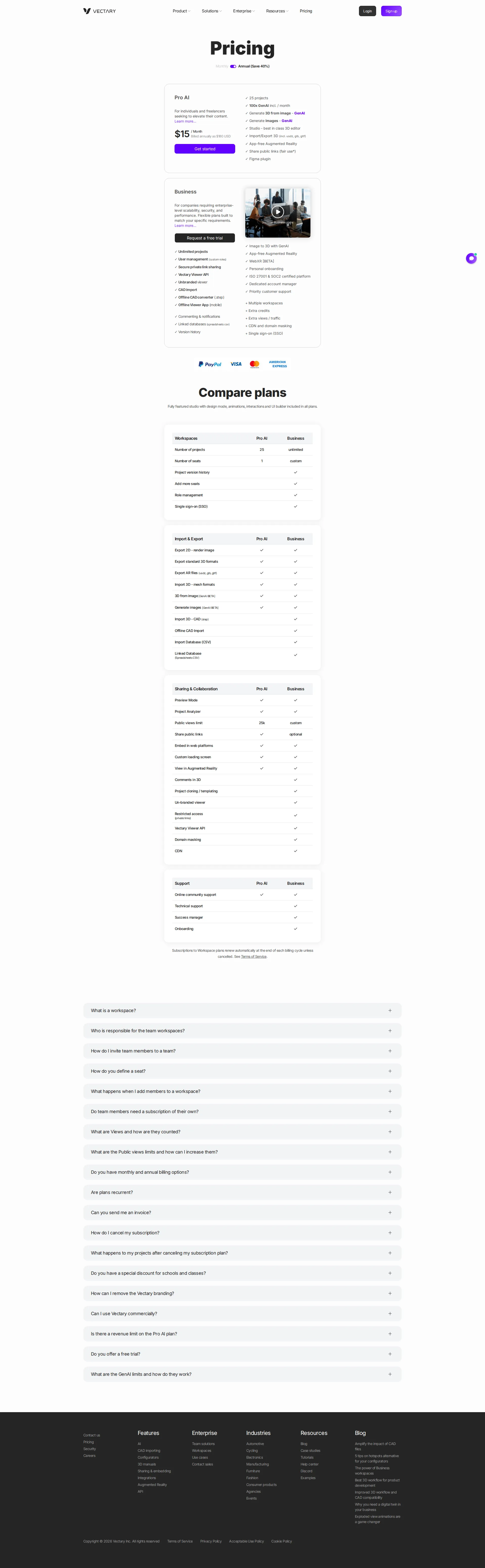 Vectary pricing page screenshot