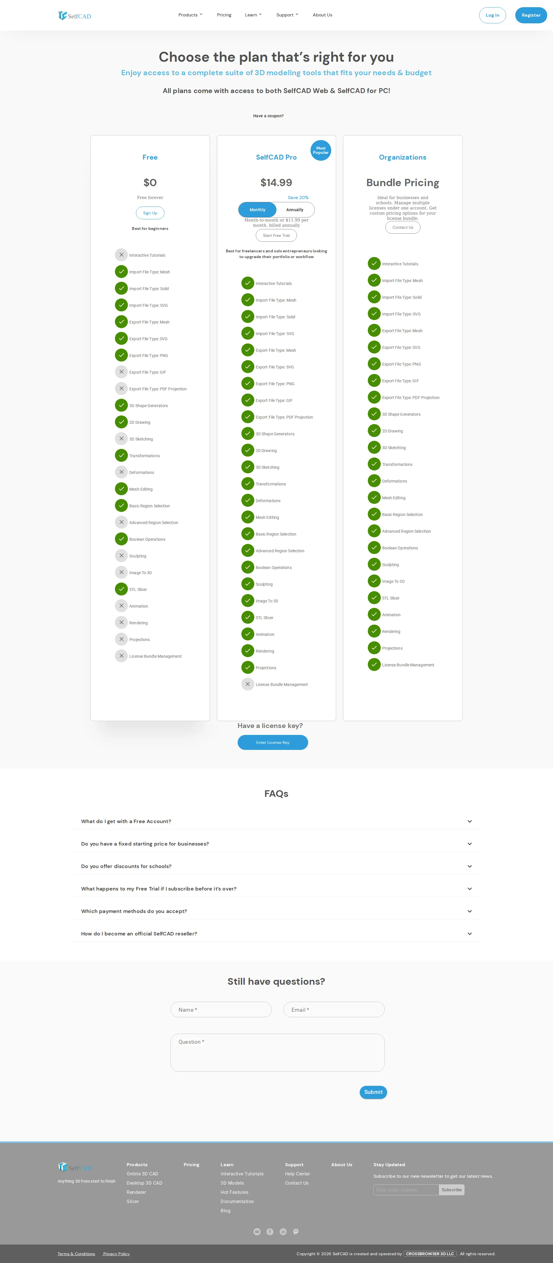SelfCAD pricing page screenshot