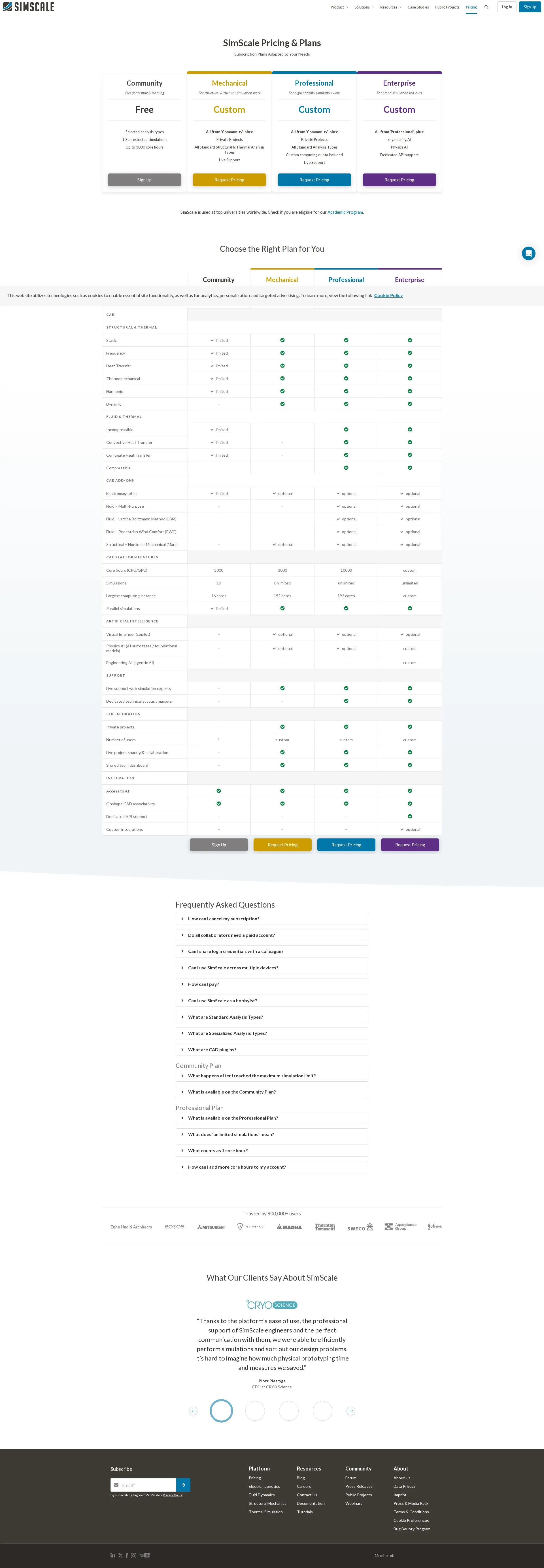 SimScale pricing page screenshot