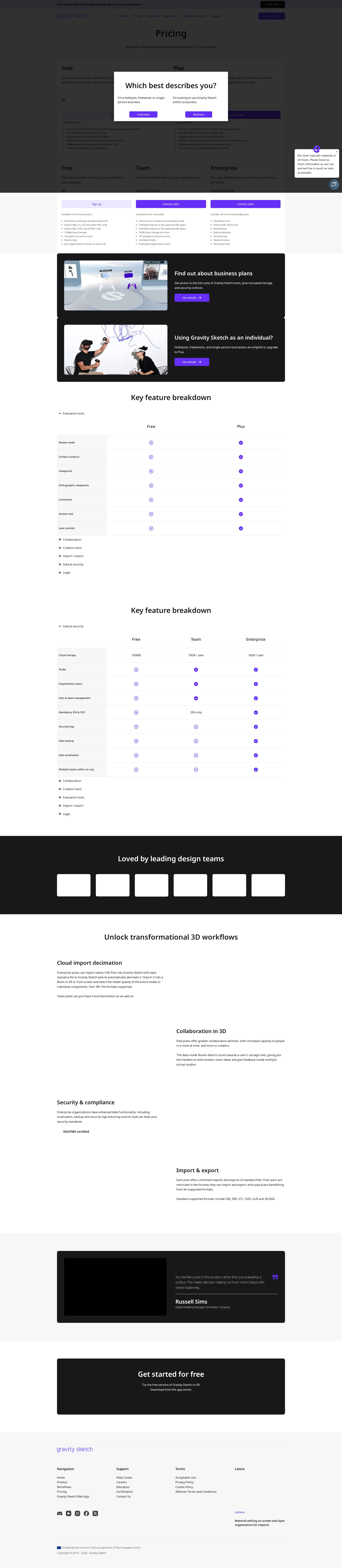 Gravity Sketch pricing page screenshot