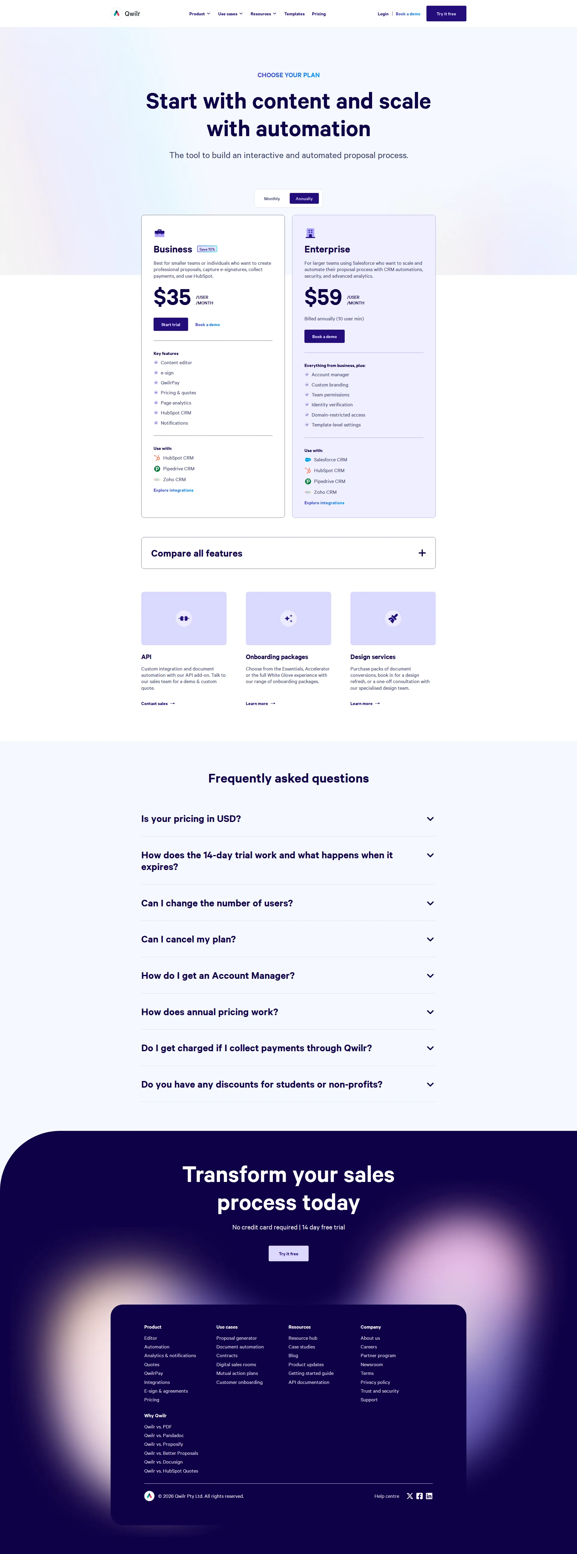 Qwilr Pro pricing page screenshot