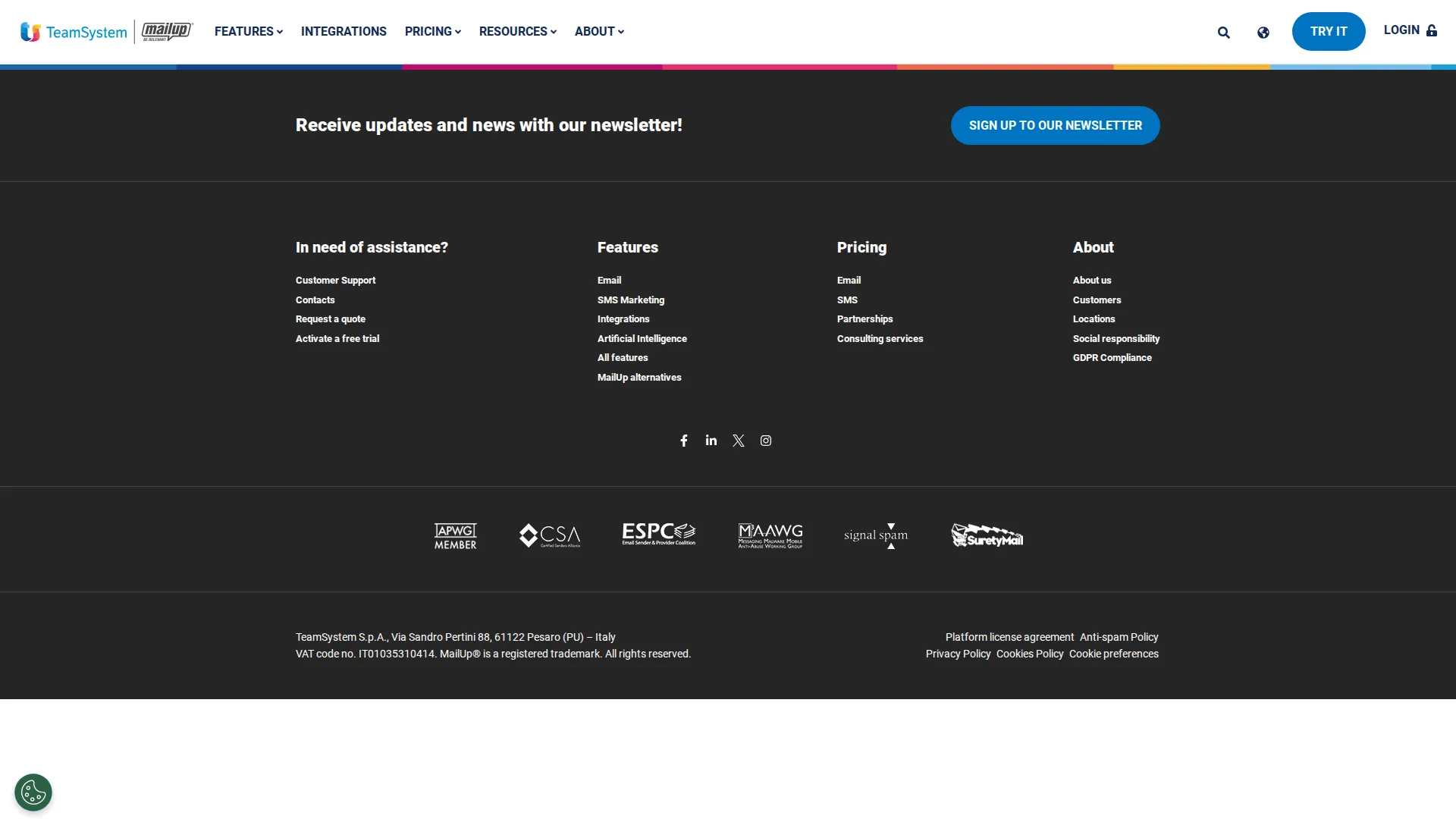 MailUp pricing page screenshot