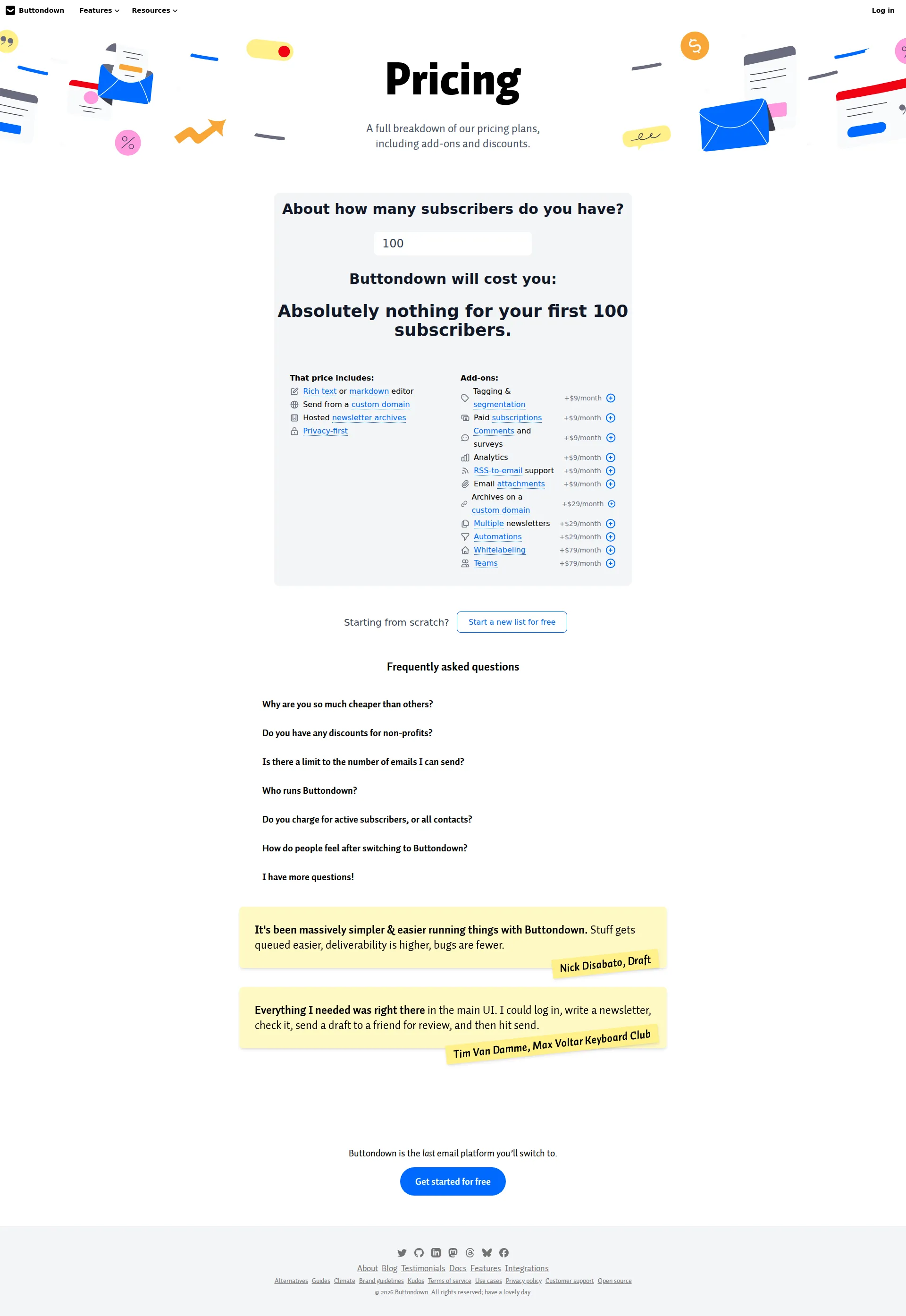 Buttondown pricing page screenshot
