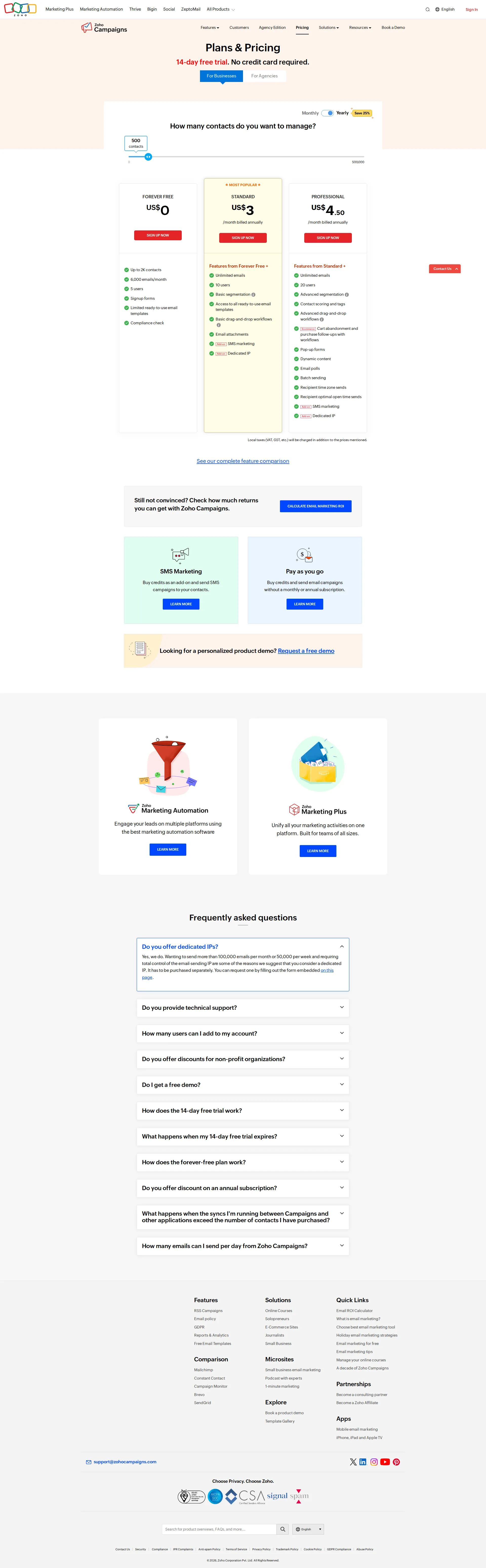 Zoho Campaigns pricing page screenshot