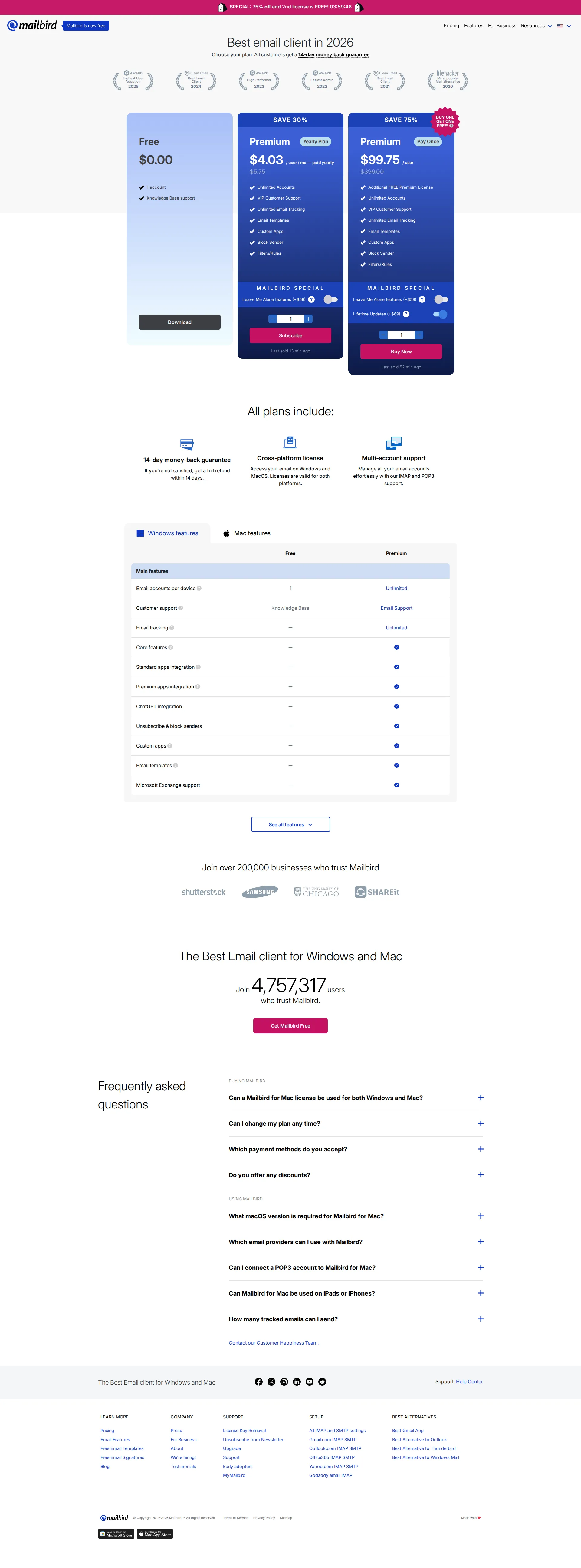 Mailbird Business pricing page screenshot