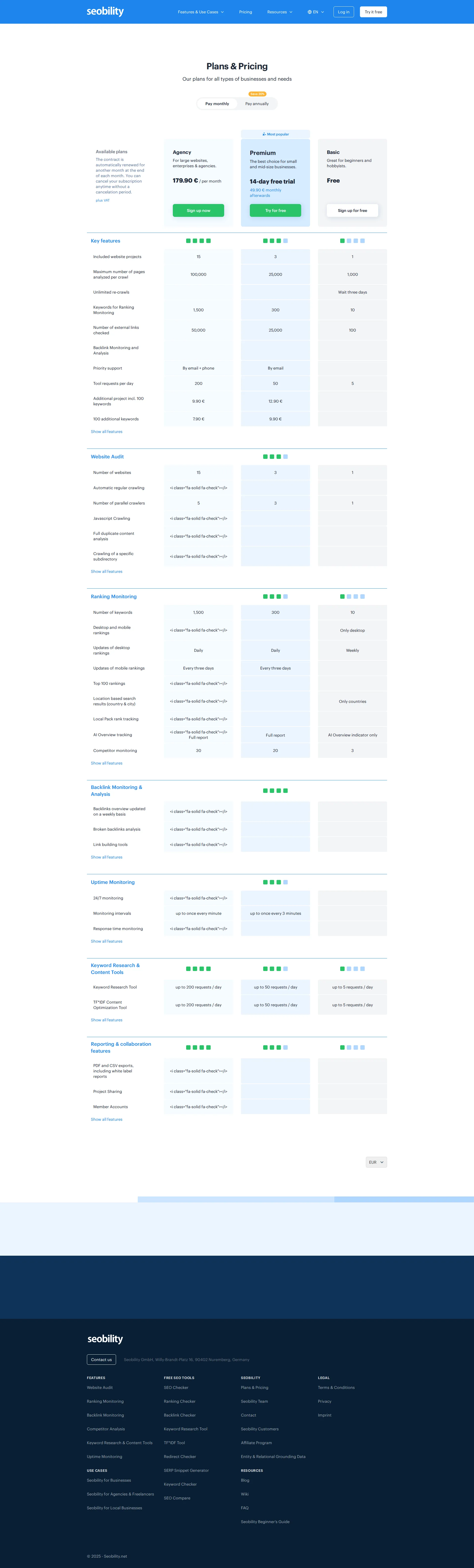 Seobility pricing page screenshot