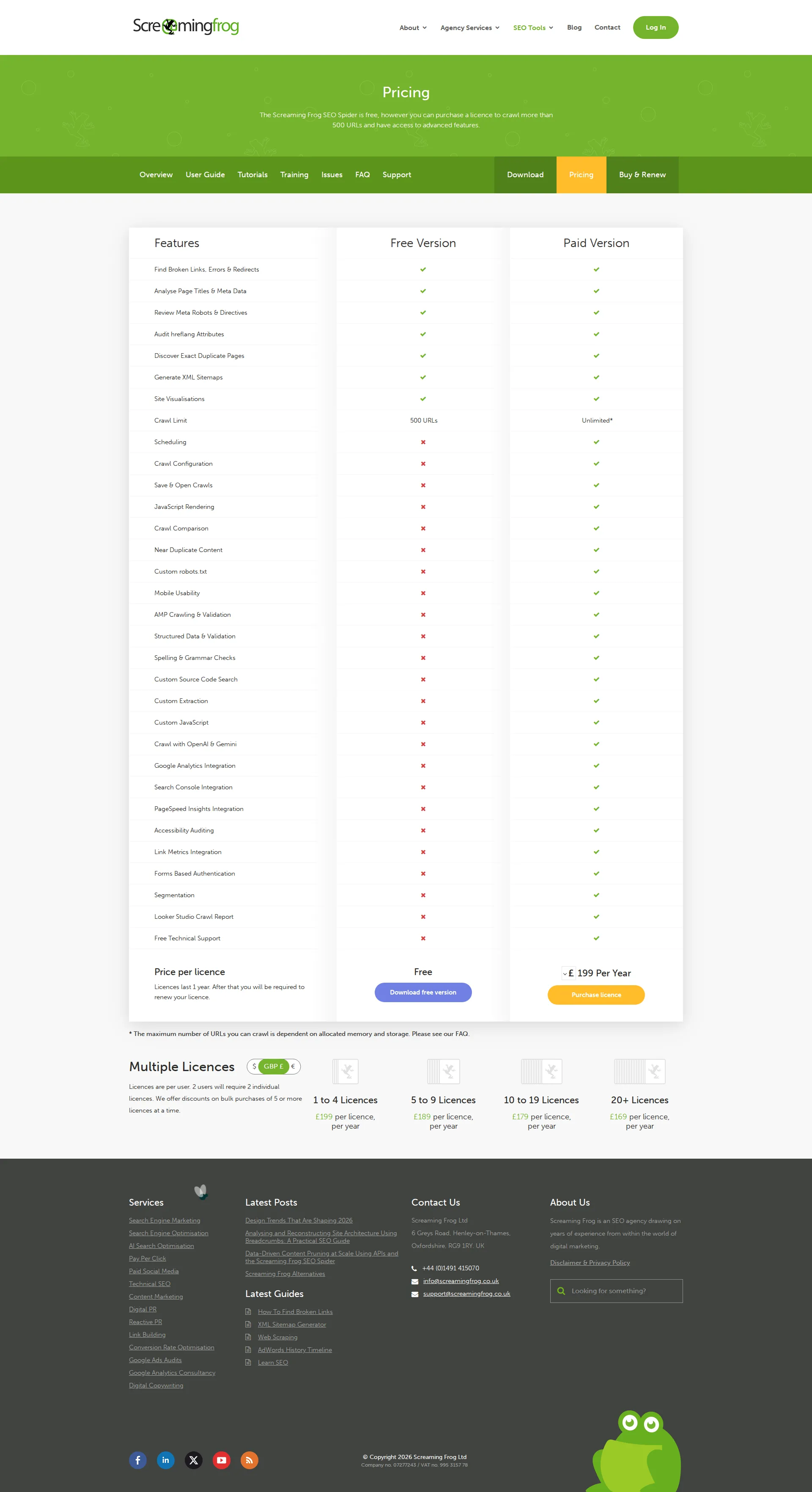 Screaming Frog pricing page screenshot