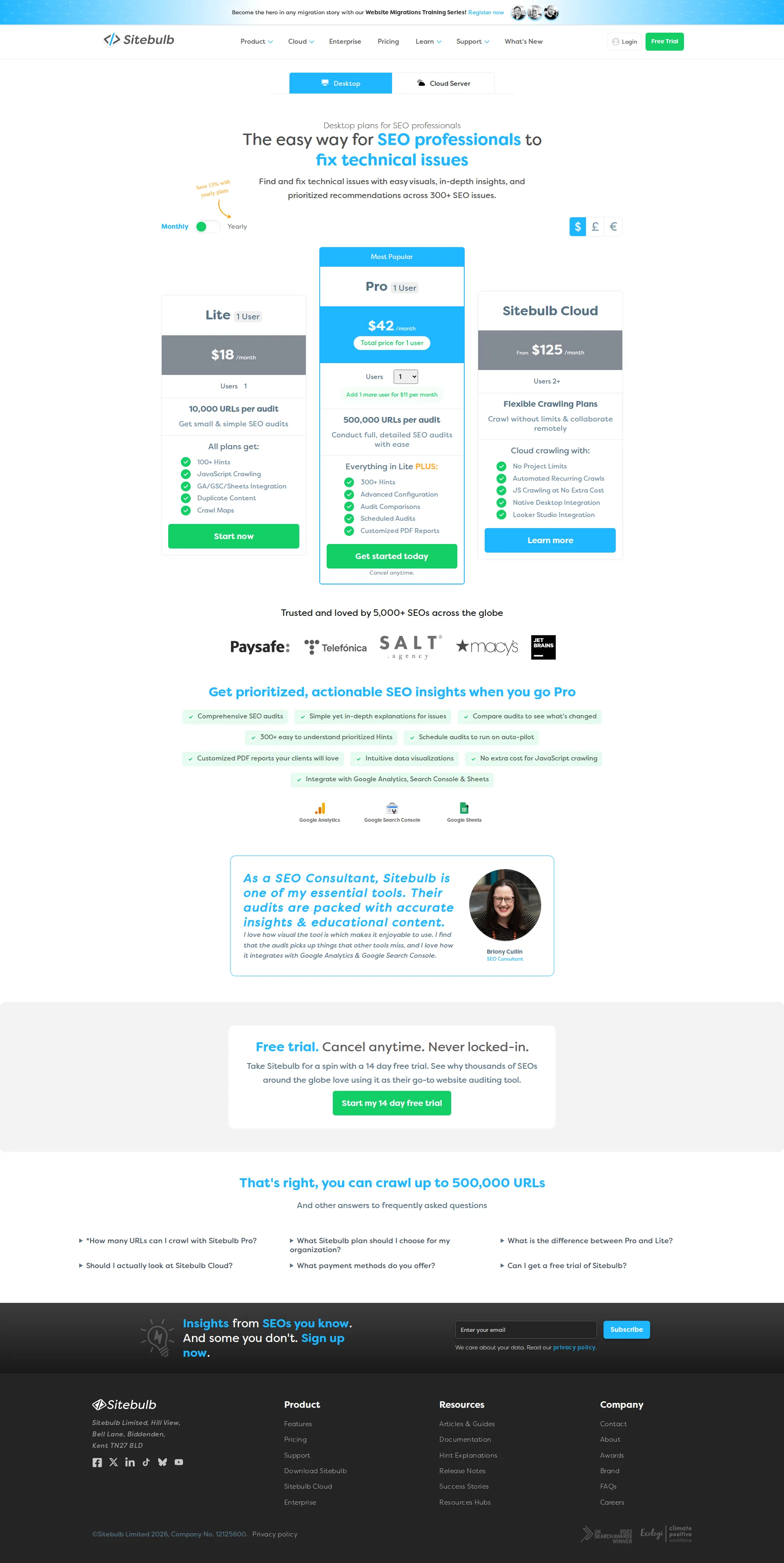 Sitebulb pricing page screenshot
