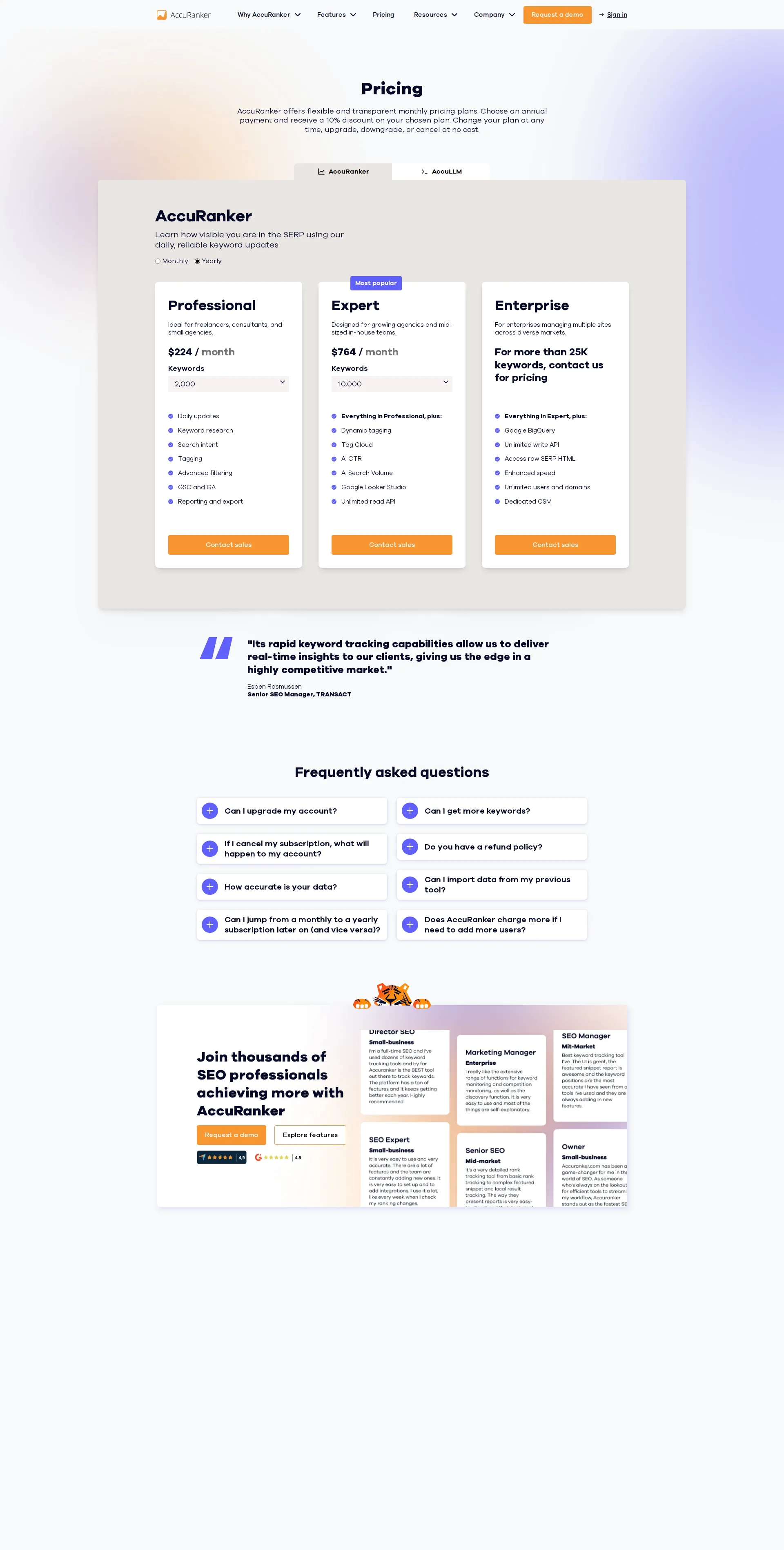 AccuRanker pricing page screenshot