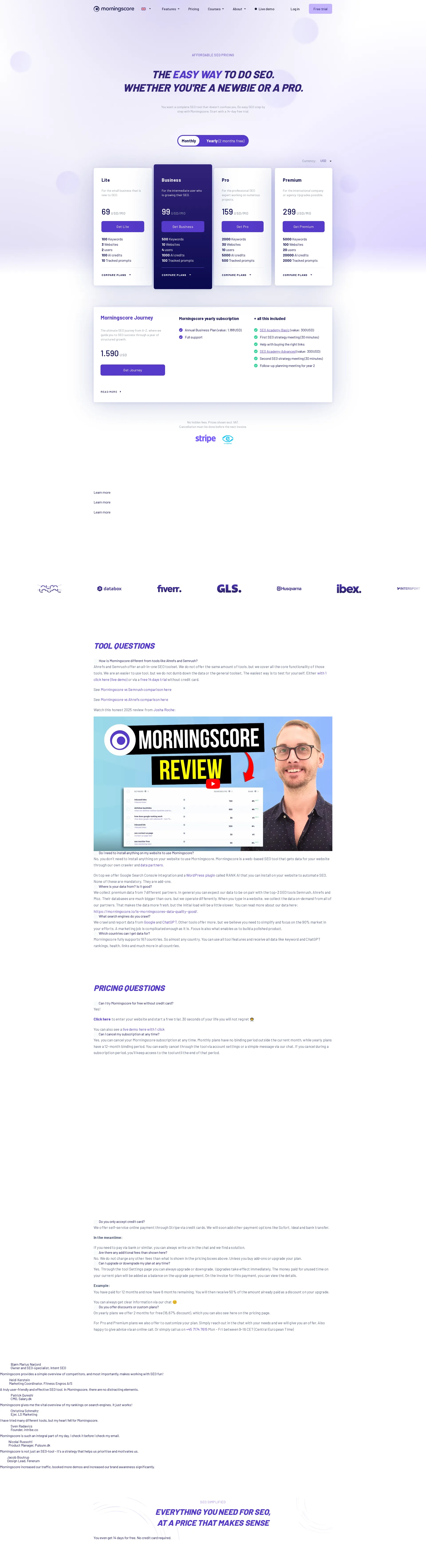 Morningscore pricing page screenshot