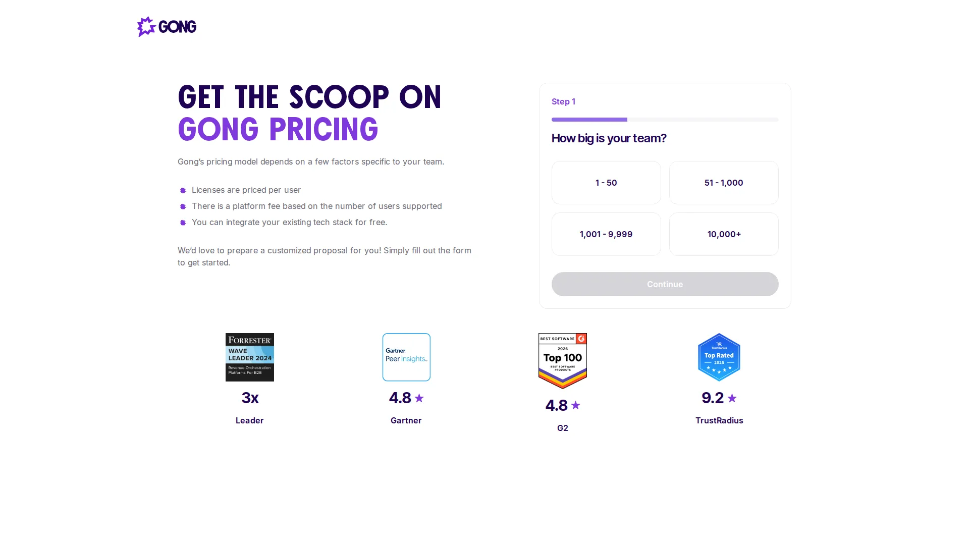 Gong pricing page screenshot