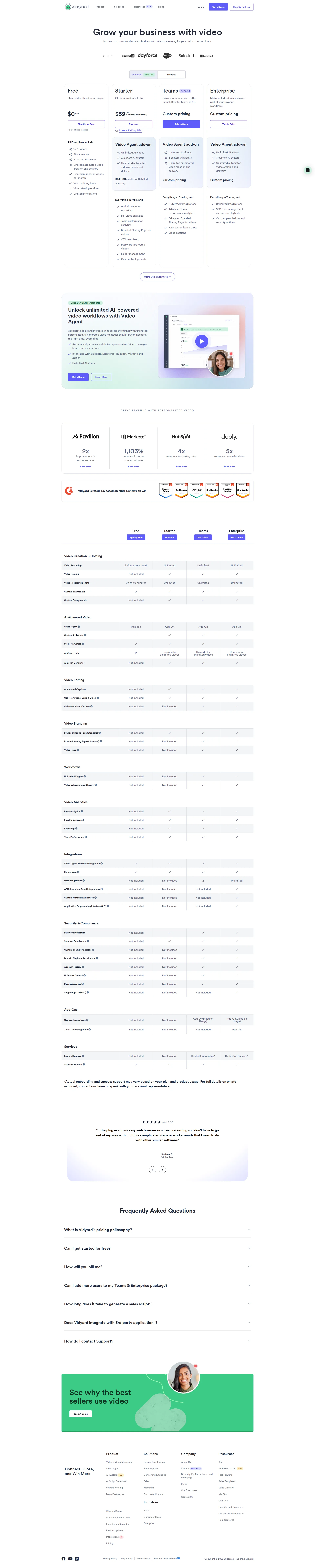 Vidyard Sales pricing page screenshot