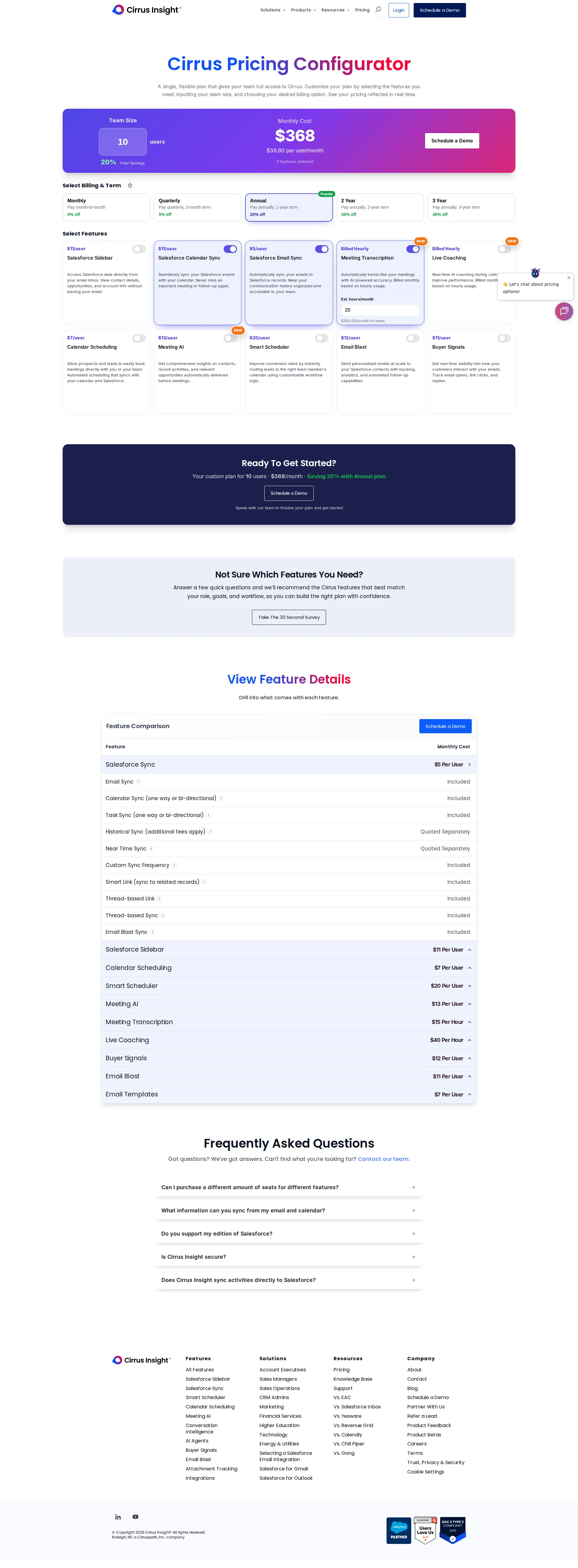 Cirrus Insight pricing page screenshot
