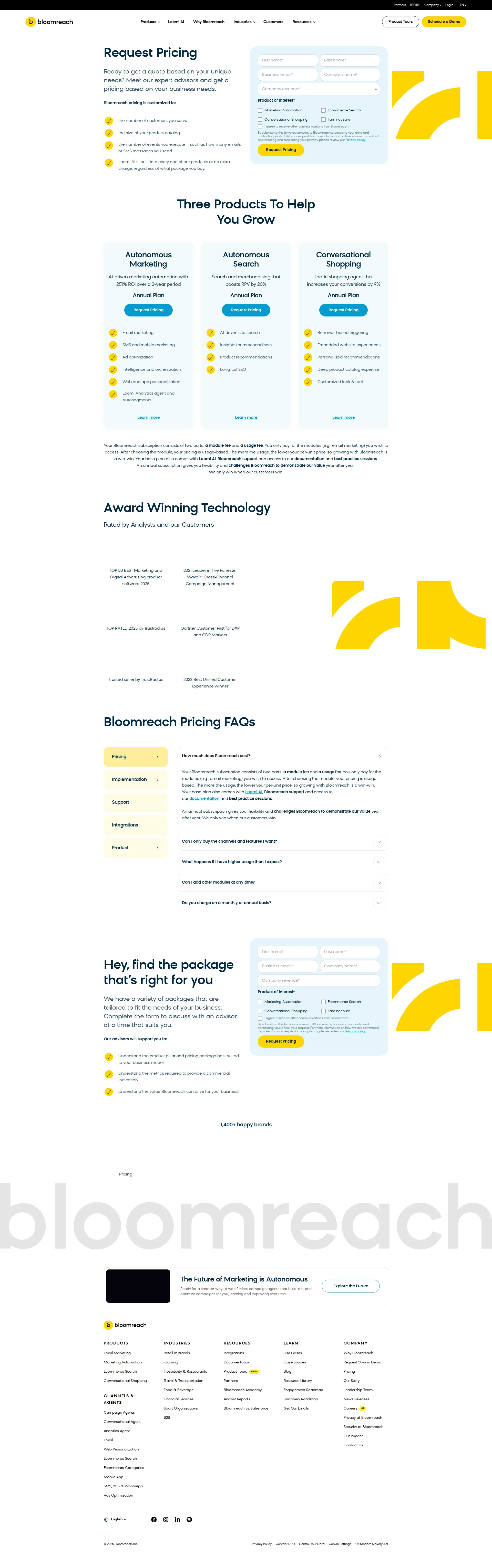 Bloomreach pricing page screenshot