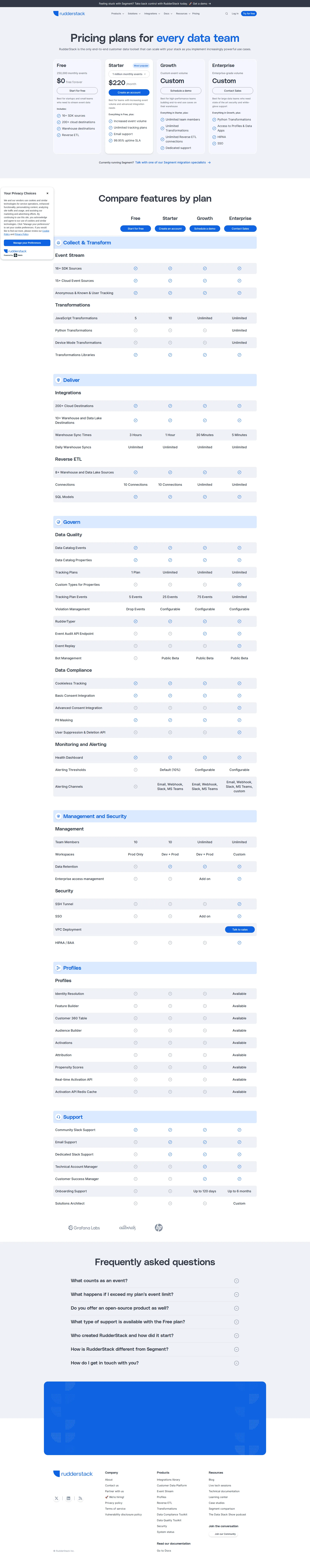 Rudderstack CDP pricing page screenshot