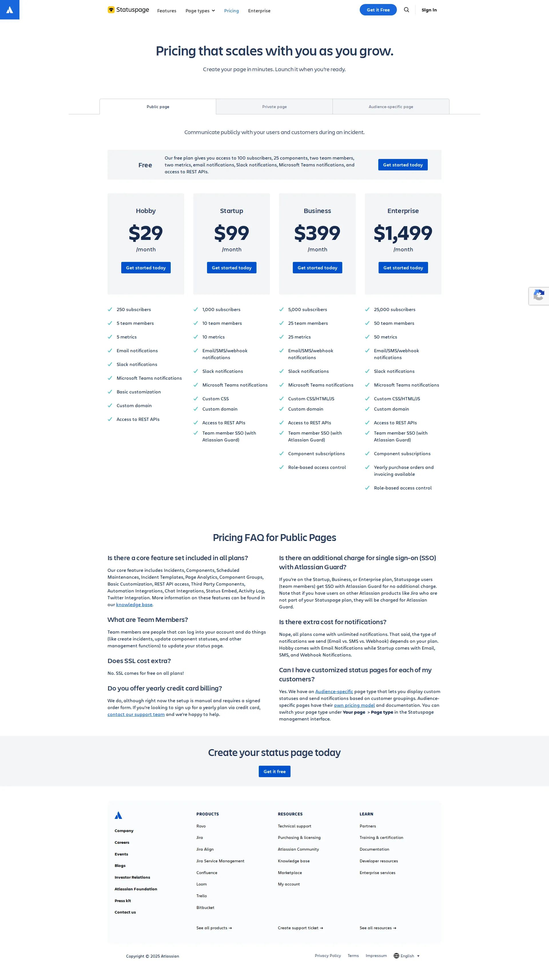 Statuspage by Atlassian pricing page screenshot