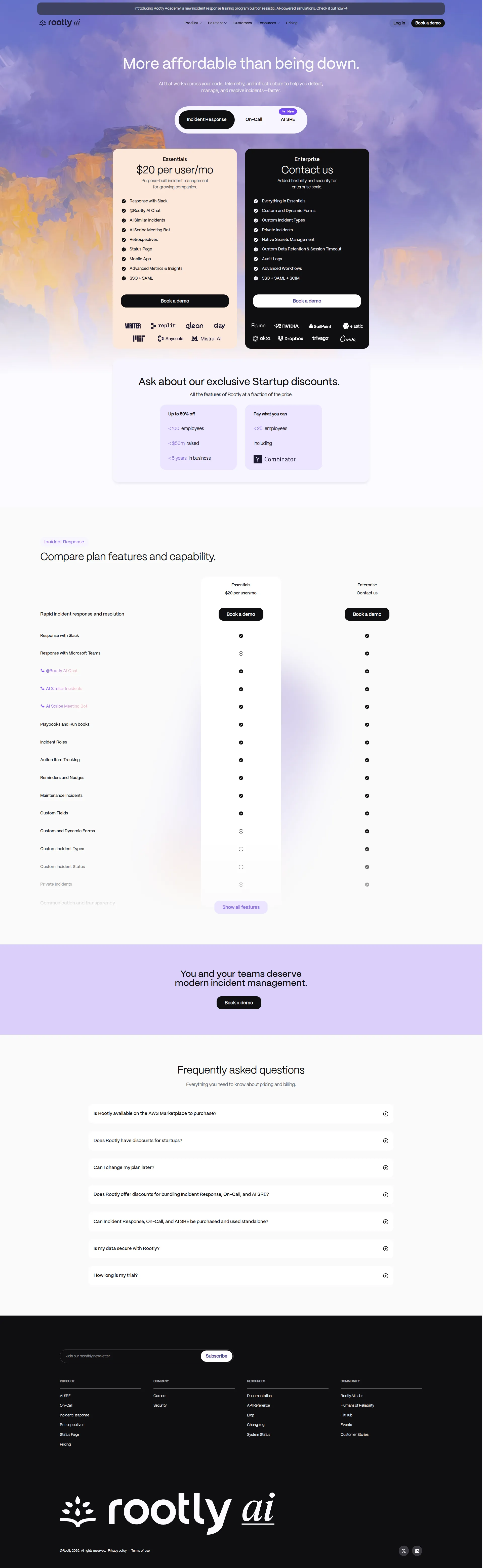 Rootly Incident pricing page screenshot