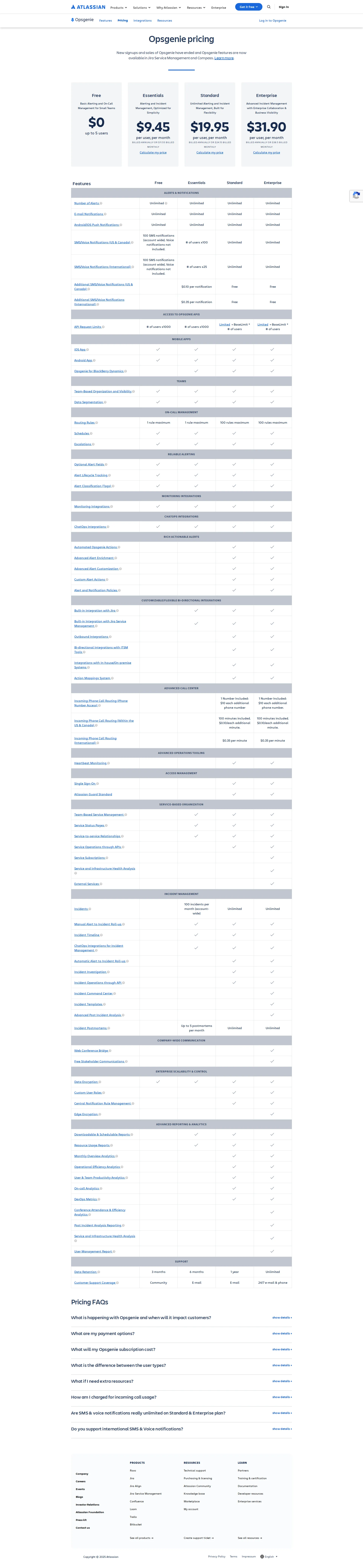 Opsgenie Incident pricing page screenshot