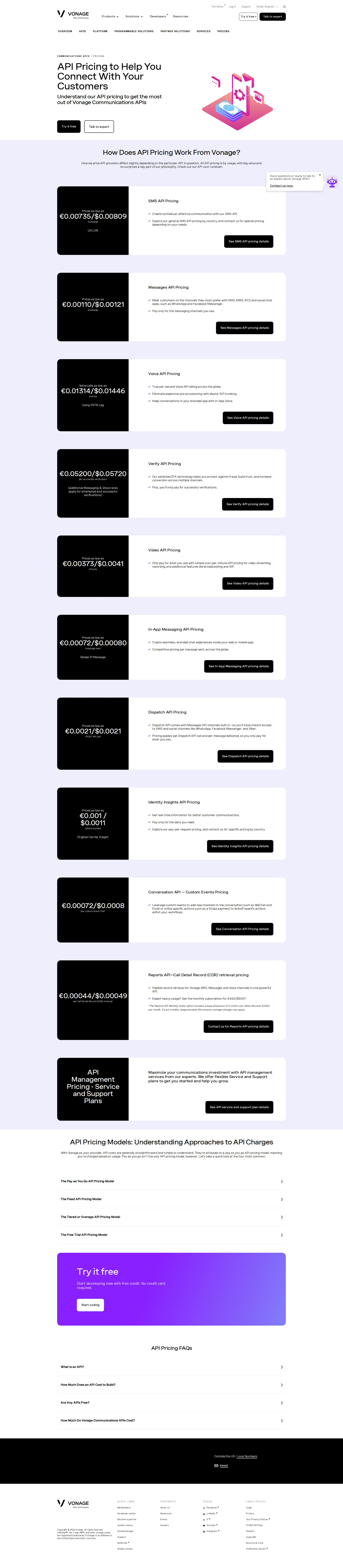 Vonage API pricing page screenshot
