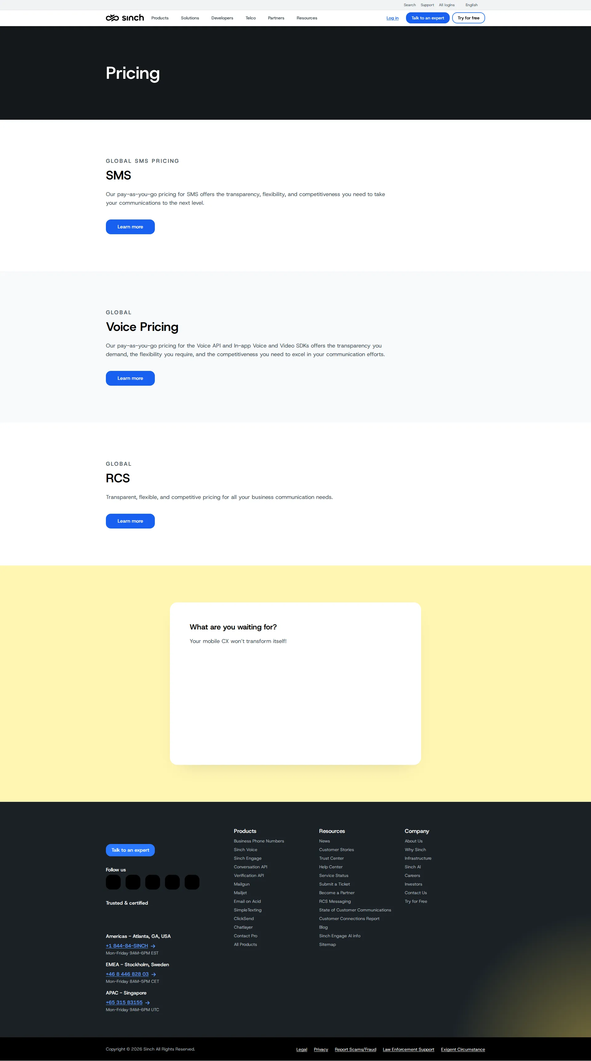 Sinch API pricing page screenshot