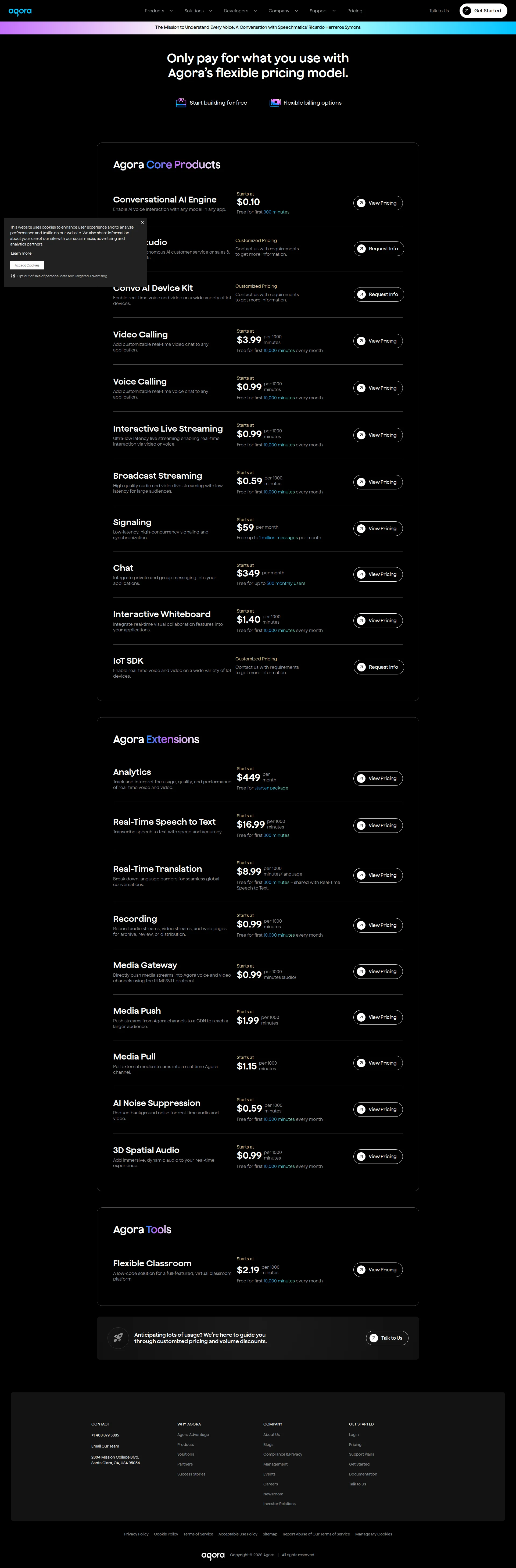 Agora pricing page screenshot